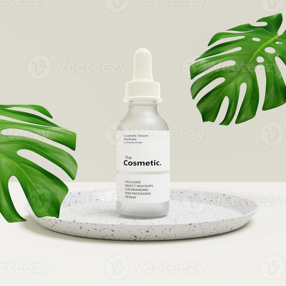 3D-Rendering-Serum in glasmattem Flaschenmodell auf Terrazzoplatte foto