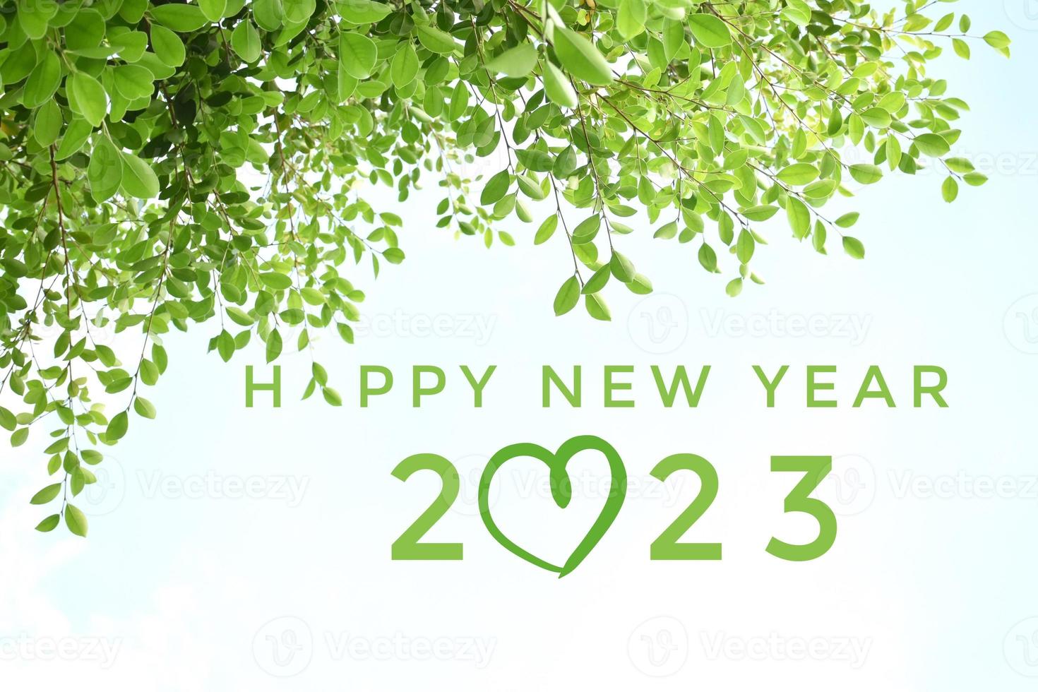 'frohes neues jahr 2023' in grüner farbe mit ficuszweigen und blättern hintergrund, konzept für grußeinladungskarte und frohes neues jahr 2023, glückliches leben. foto
