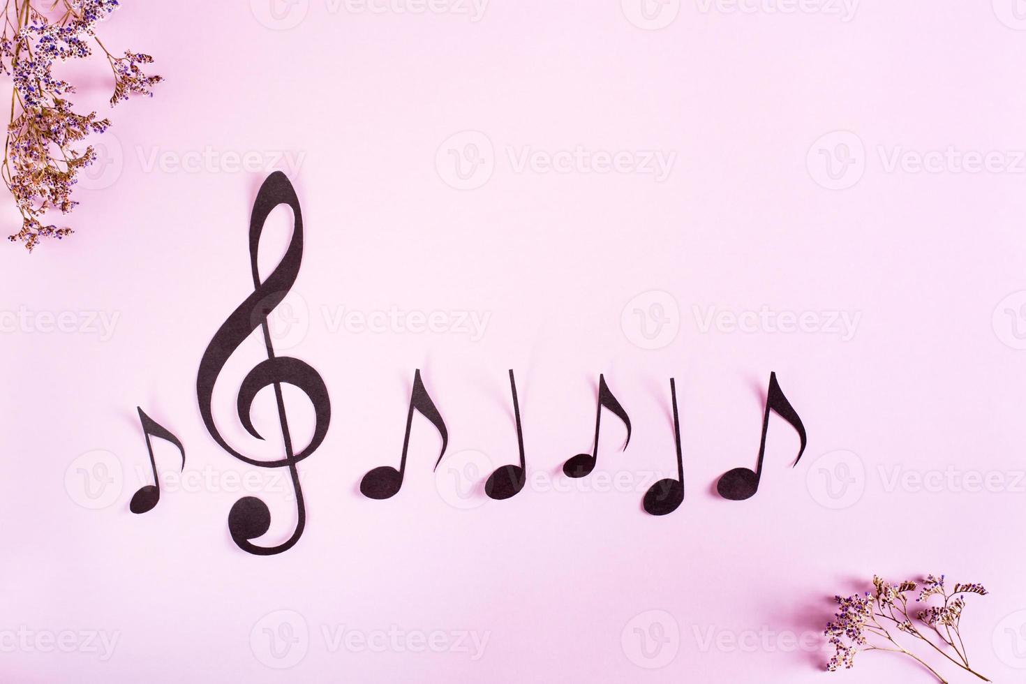 papiermusikschlüssel und noten in einer reihe und getrocknete blumen auf einem rosa hintergrund. Ansicht von oben. foto