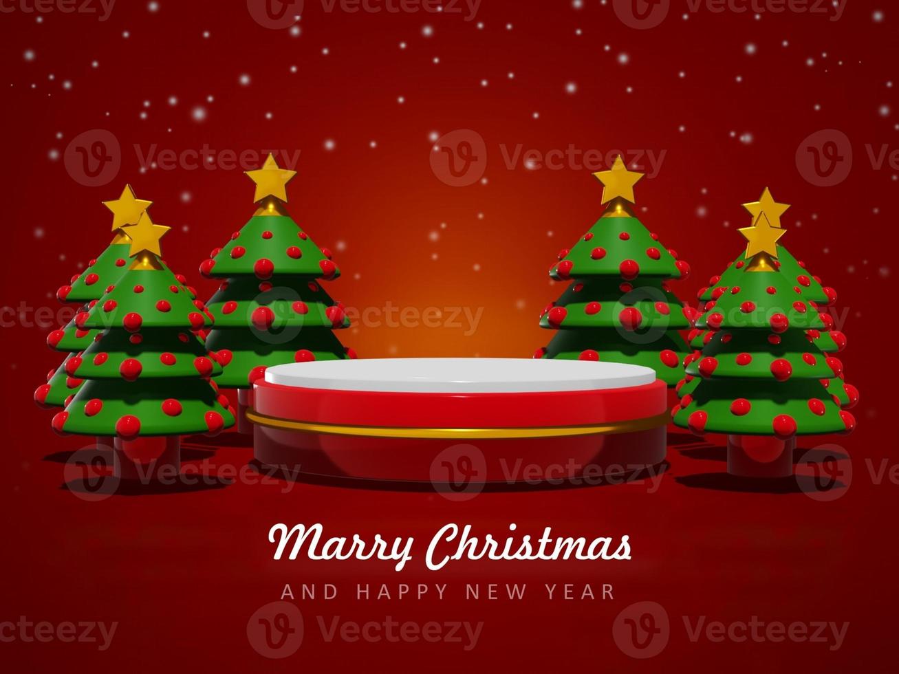 frohe weihnachten und guten rutsch ins neue jahr mit 3d leerem podium und weihnachtsschmuck hintergrund foto