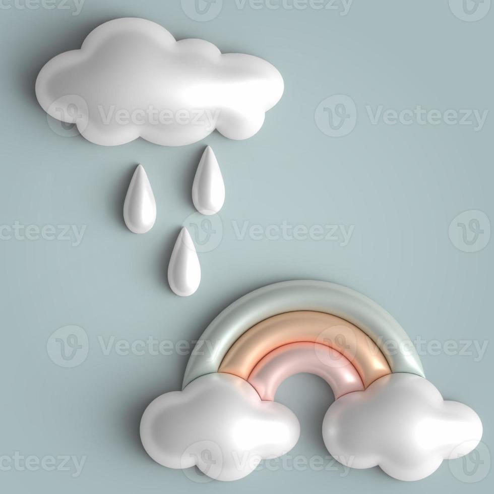 3D niedliche Cartoon-Wettersymbole gesetzt. realistische glänzende glitzernde wolke, regentropfen, bunter regenbogen. Pastellfarben. 3D-Rendering. trendiges Emoji-Symbol, 3D-Emotionen foto