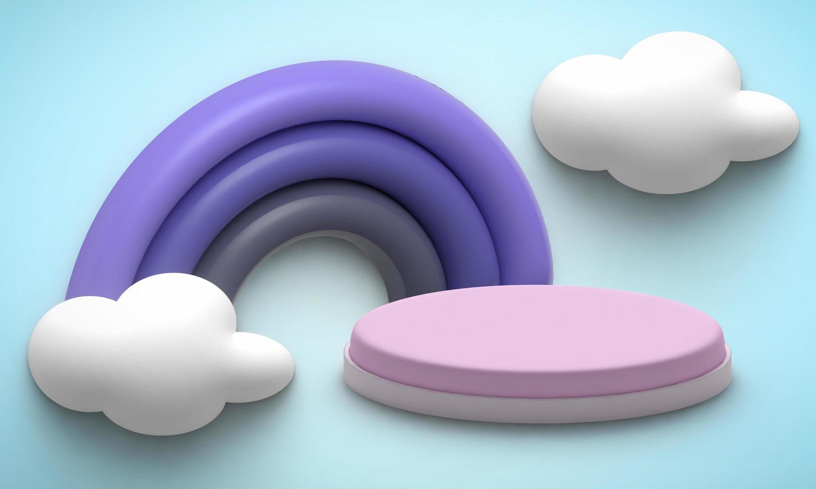 3D-Podium mit violettem und violettem Regenbogen, weißen Wolken. plattform für produktpräsentation produkt mock up hintergrund. süßer verträumter hintergrund mit sockel. minimale bühne im pastellkarikaturstil. minimal foto