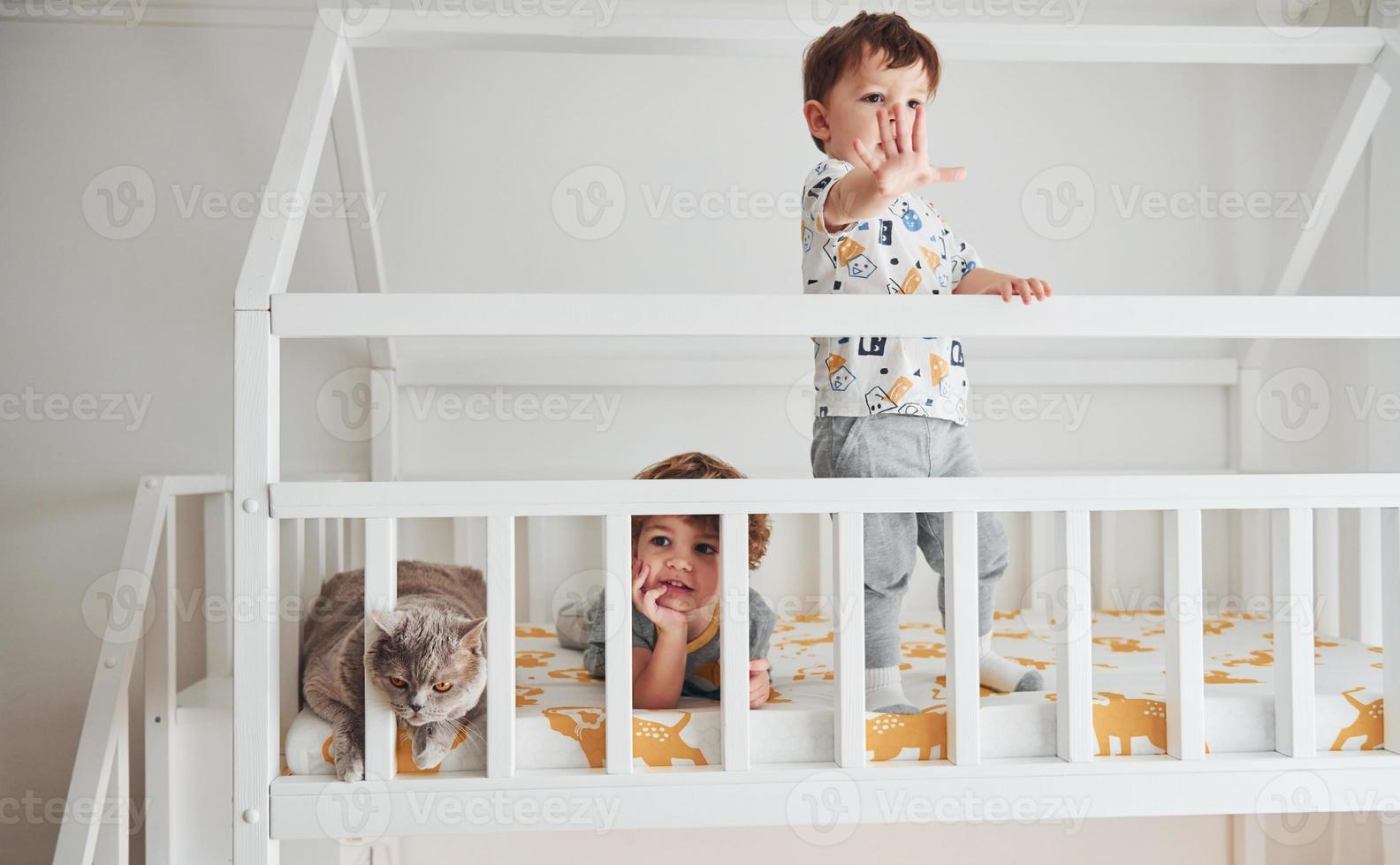 Zwei kleine Jungen ruhen sich aus und haben gemeinsam Spaß drinnen im Schlafzimmer. Katze, die in ihrer Nähe sitzt foto