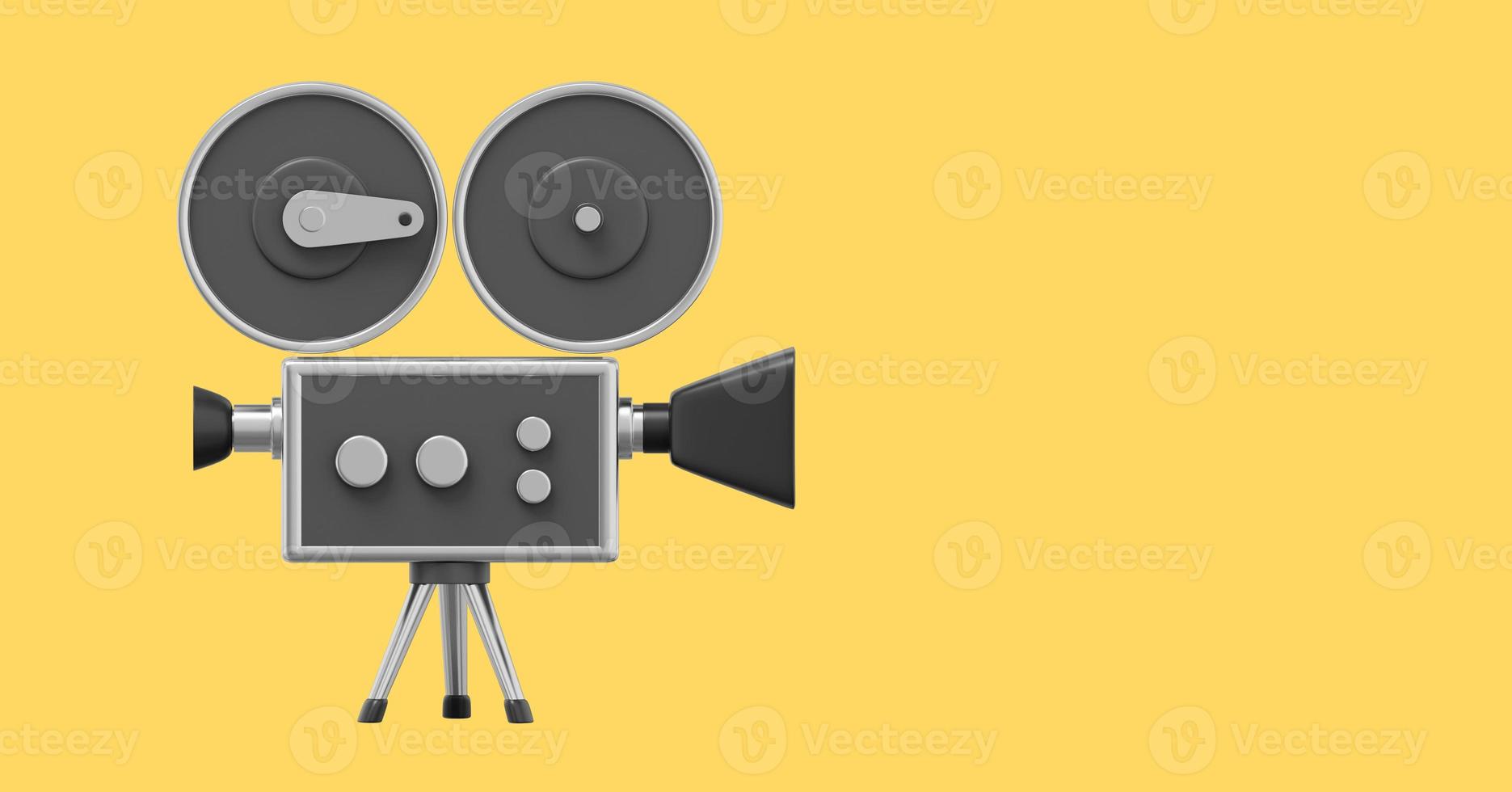 Vintage schwarze Filmkamera im Cartoon-Stil. lustige Retro-Videokamera. 3D-Rendering. Symbol auf gelbem Hintergrund, Textbereich. foto