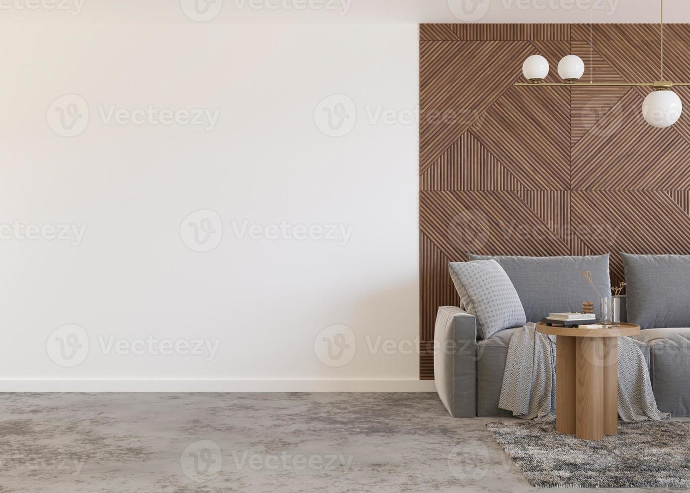 Tapetenpräsentationsmodell. leerer weißer Teil der Wand im modernen Wohnzimmer. Kopieren Sie Platz für Ihr Tapetendesign, Wandaufkleber, Bild, andere Dekoration. Innenmodell. 3D-Rendering. foto