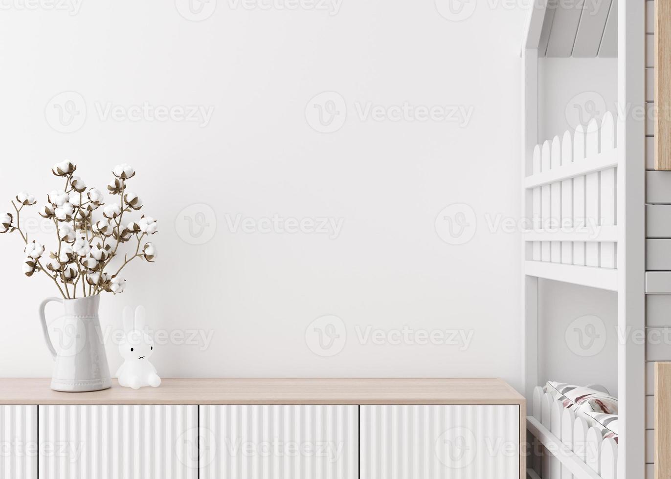 leere weiße Wand im modernen Kinderzimmer. mock-up innenraum im skandinavischen stil. Kopieren Sie Platz für Ihr Bild oder Poster. Bett, Sideboard, Baumwollpflanze in Vase. gemütliches Zimmer für Kinder. 3D-Rendering. foto