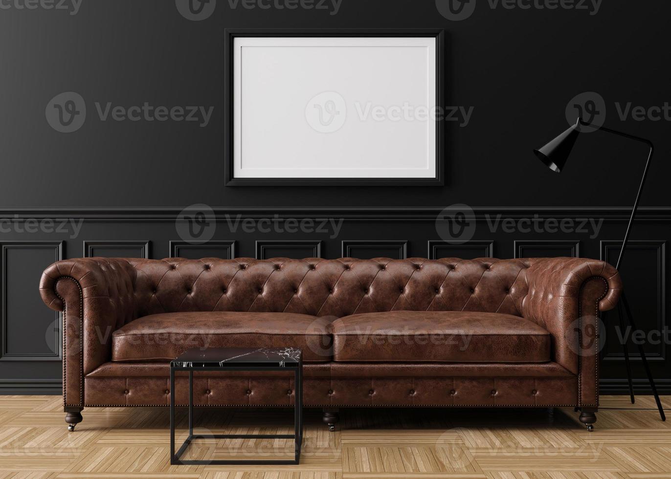 leerer bilderrahmen an der schwarzen wand im modernen wohnzimmer. Mock-up-Interieur im klassischen Stil. freier speicherplatz, kopieren sie platz für ihr bild. braunes Ledersofa. 3D-Rendering. foto