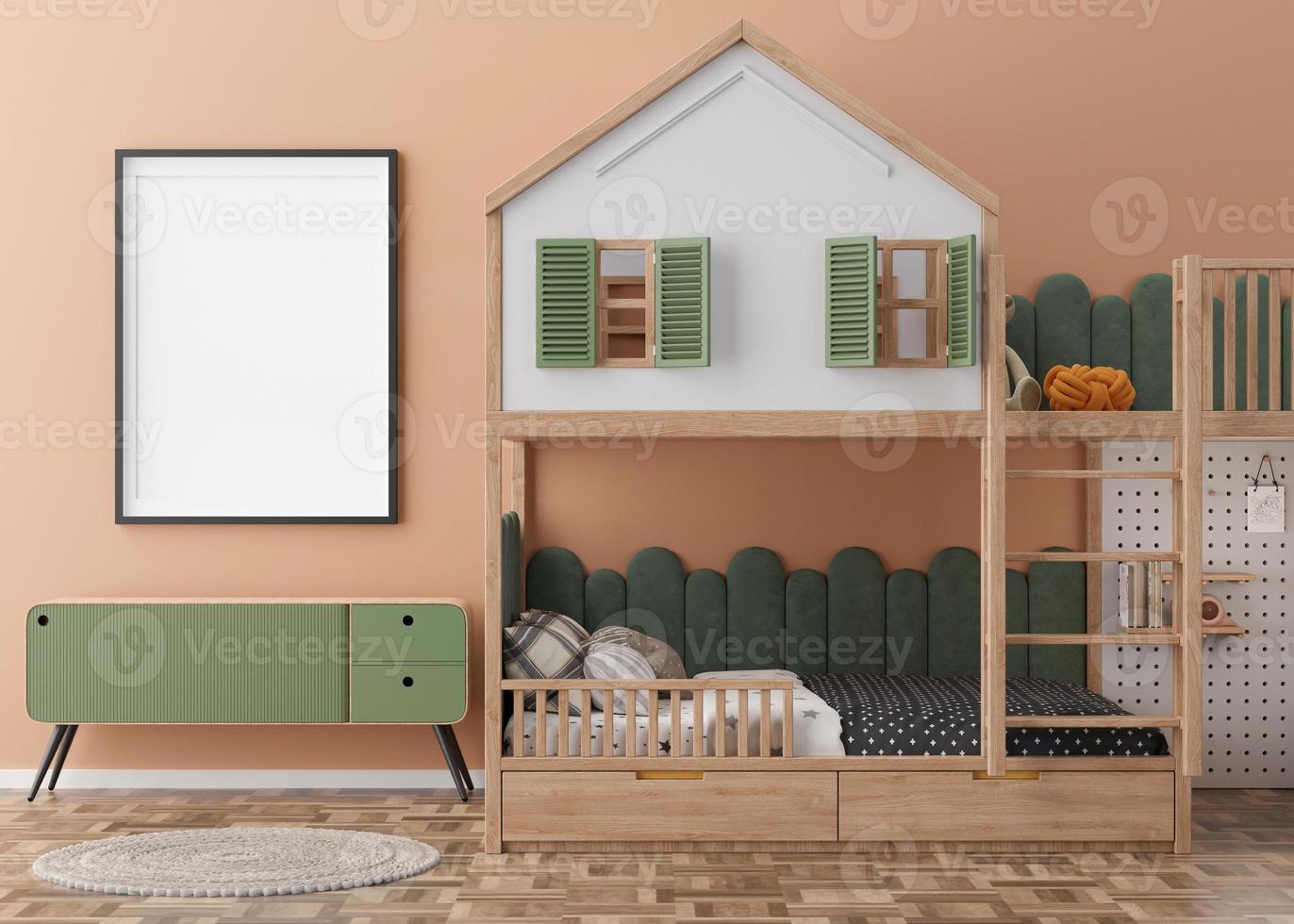 leerer vertikaler Bilderrahmen an brauner Wand im modernen Kinderzimmer. Mock-up-Interieur im zeitgenössischen, skandinavischen Stil. frei, Platz für Bild kopieren. Bett, Spielzeug. gemütliches Zimmer für Kinder. 3D-Rendering. foto