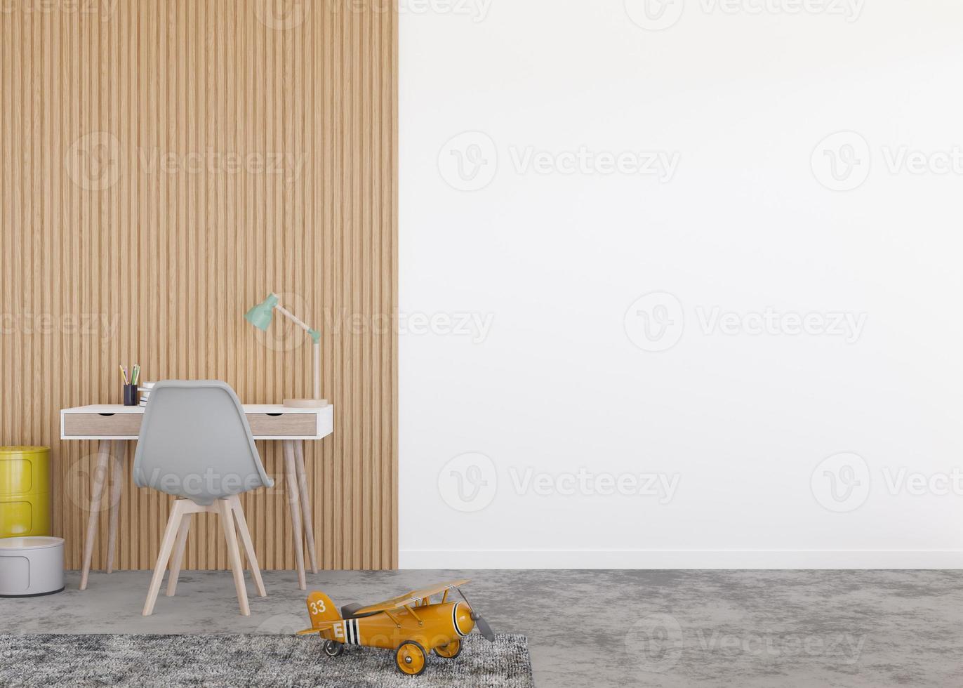 Kinderzimmer-Tapeten-Präsentationsmodell. leere weiße Wand im modernen Kinderzimmer. Kopieren Sie Platz für Ihr Tapetendesign, Wandaufkleber oder andere Dekoration. Interieur im skandinavischen Stil. 3D-Rendering. foto