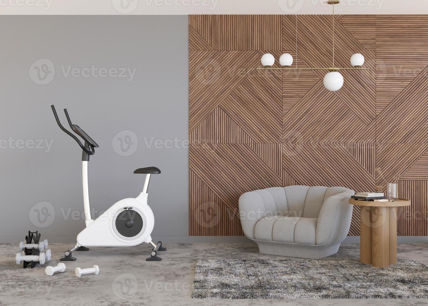 modernes Zimmer mit Fitnessrad. Sportgeräte in zeitgemäßem Interieur. gesunder lebensstil, sport, training zu hause konzept. fit bleiben. Fitnessstudio zu Hause. 3D-Rendering. foto