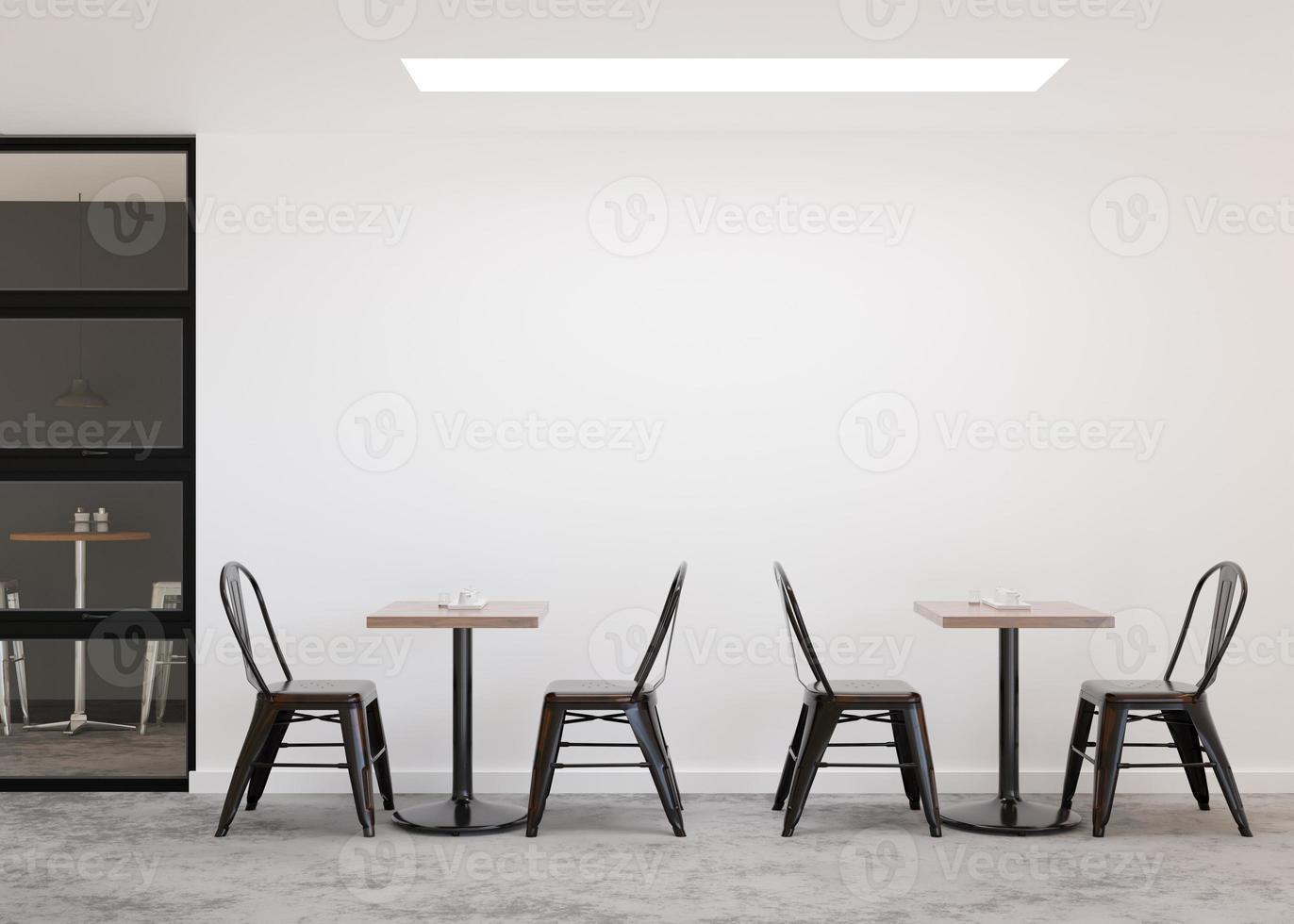 leere weiße wand im modernen café. mock-up-restaurant-interieur im zeitgenössischen stil. kostenlos, kopieren Sie Platz für Ihr Werbebanner, Kunstwerk, Bild, Text oder anderes Design. Freiraum. 3D-Rendering. foto