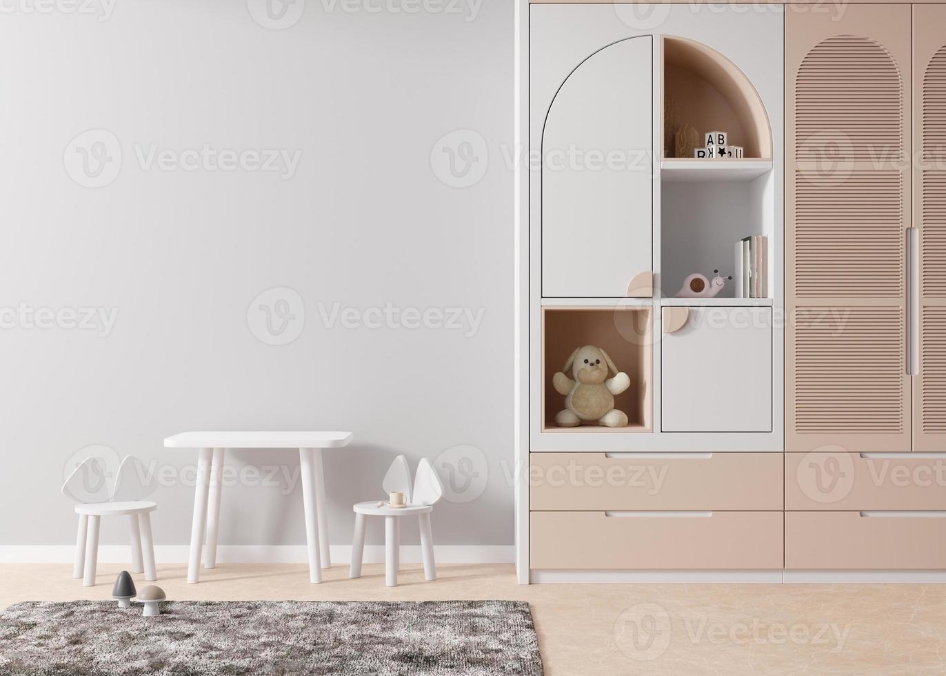 leere graue Wand im modernen Kinderzimmer. Mock-up-Interieur im zeitgenössischen, skandinavischen Stil. Kopieren Sie Platz für Ihre Kunstwerke, Bilder oder Poster. Tisch mit Stühlen, Spielzeug. gemütliches Zimmer für Kinder. 3D-Rendering. foto