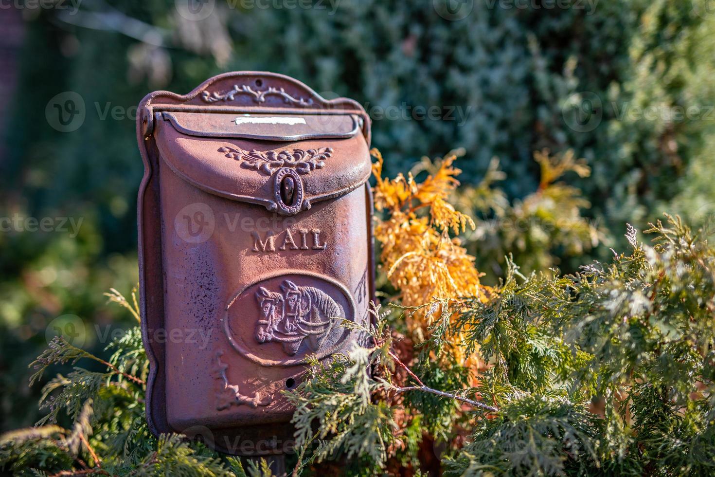 Postfach oder Briefkasten. schöner alter Briefkasten auf Naturständer, Büsche drumherum. eiserner Briefkasten foto