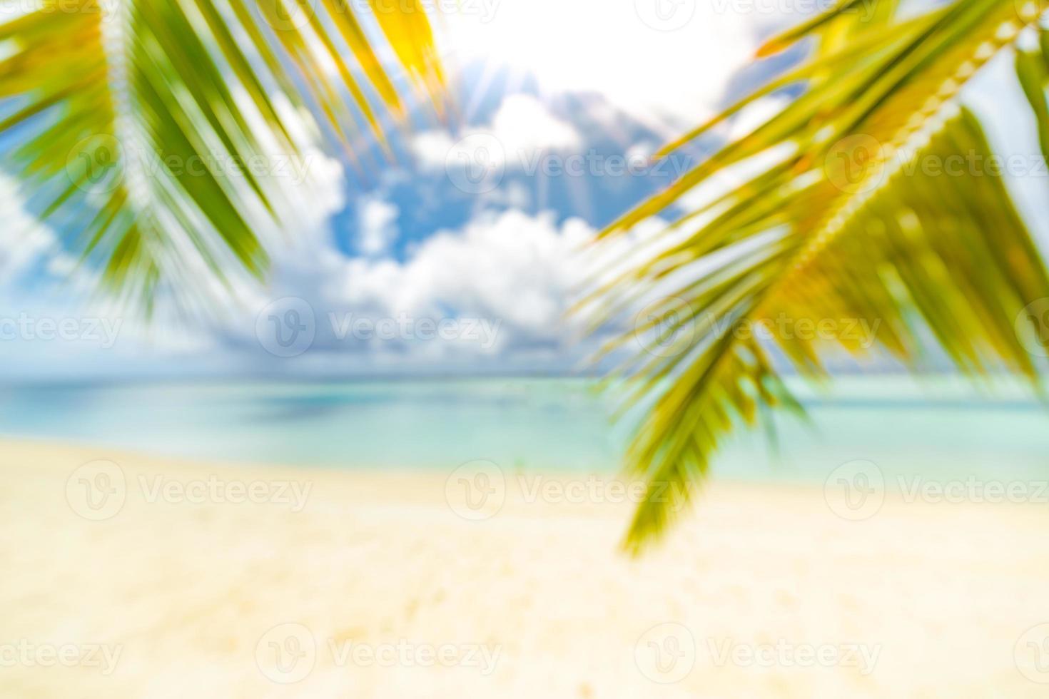 schöner unscharfer strand, grüner palmenbaum, sonniges wetter, sonnenstrahlen mit blauem meerblick und horizont. tropische strandlandschaft für sommerferien tourismusbanner, unschärfe bokeh konzept verwenden websitevorlage foto