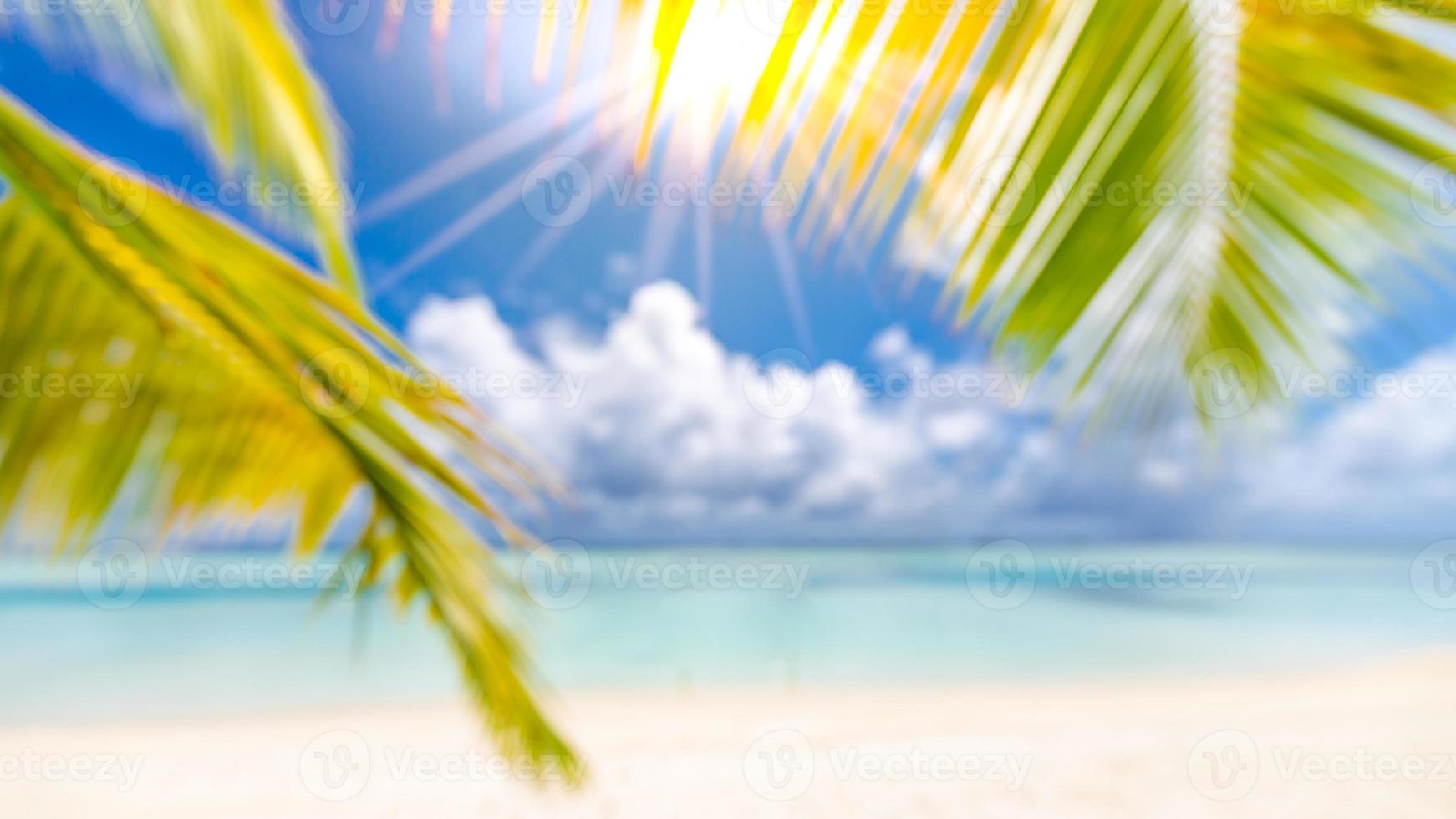 schöner unscharfer strand, grüner palmenbaum, sonniges wetter, sonnenstrahlen mit blauem meerblick und horizont. tropische strandlandschaft für sommerferien tourismusbanner, unschärfe bokeh konzept verwenden websitevorlage foto