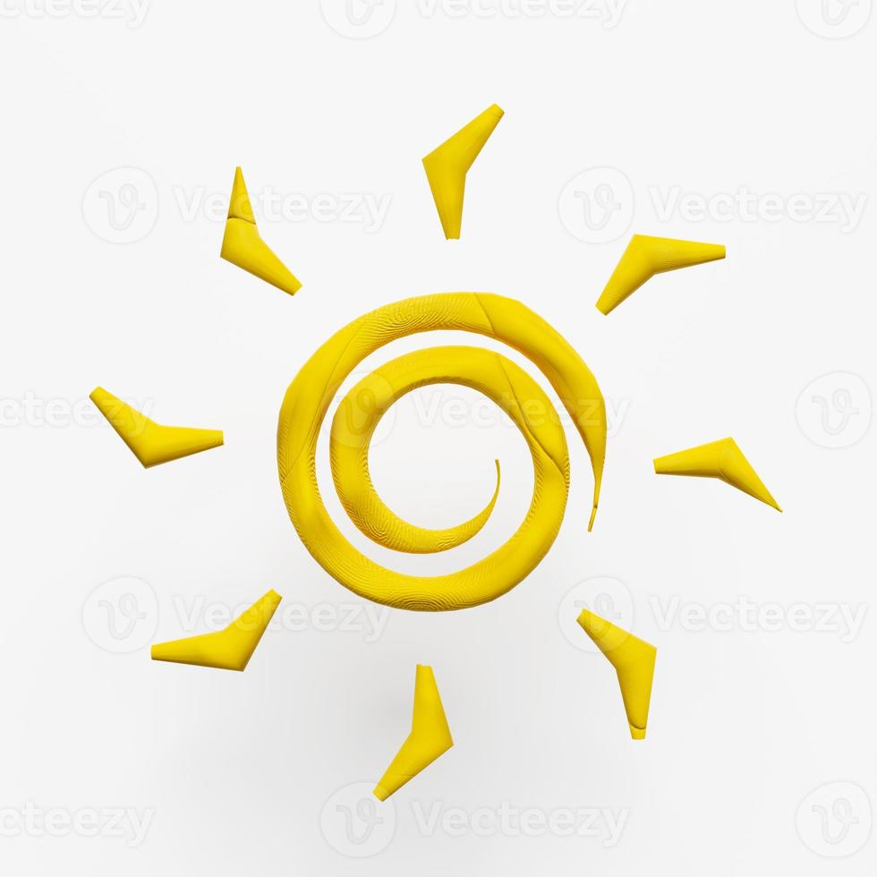 3D Plastilin Sonne isoliert auf weißem Hintergrund. Gelbe Sonne Cartoon aus Ton, Tonspielzeug-Icon-Konzept, 3D-Darstellung foto