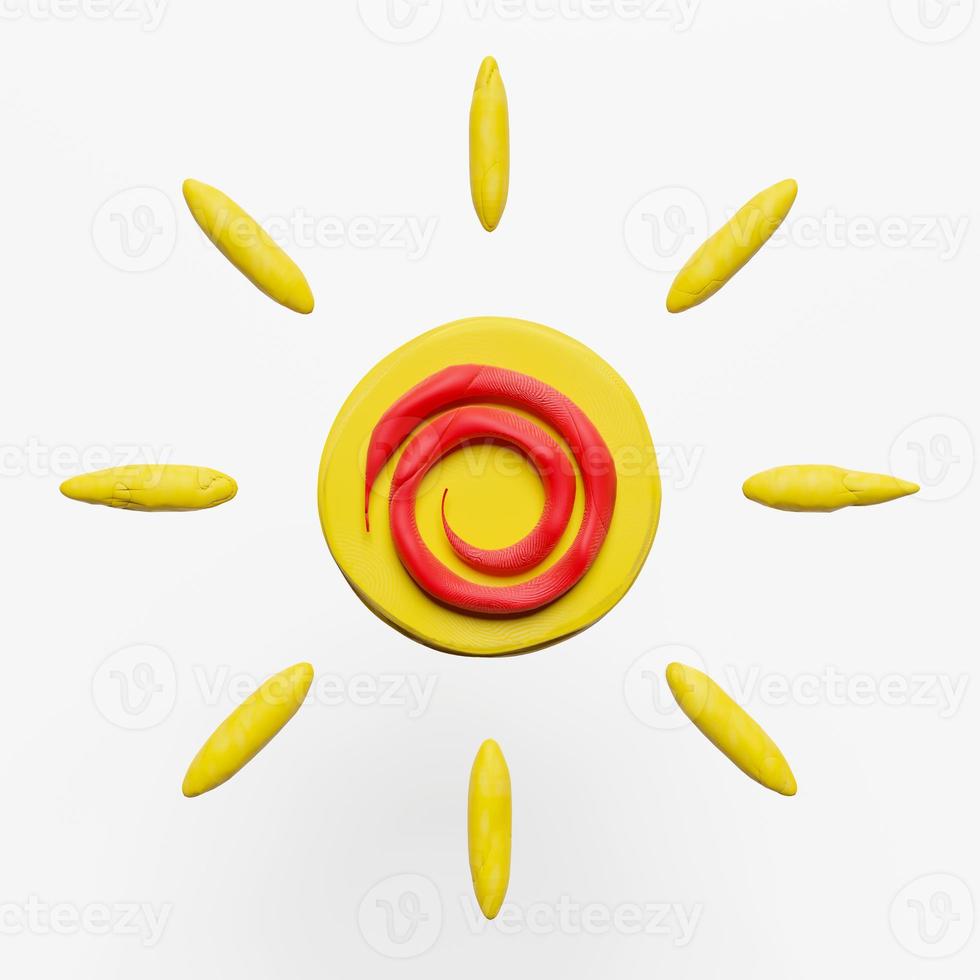 3D Plastilin Sonne isoliert auf weißem Hintergrund. Sonnenkarikatur aus Ton, Tonspielzeug-Icon-Konzept, 3D-Darstellung, Beschneidungspfad foto