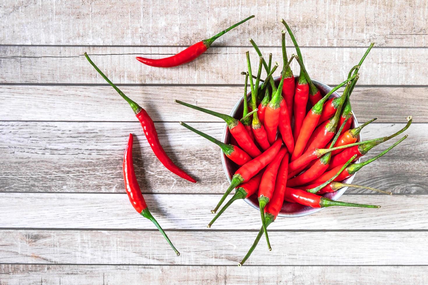 roter Chili in einer Schüssel auf einem Holztisch foto