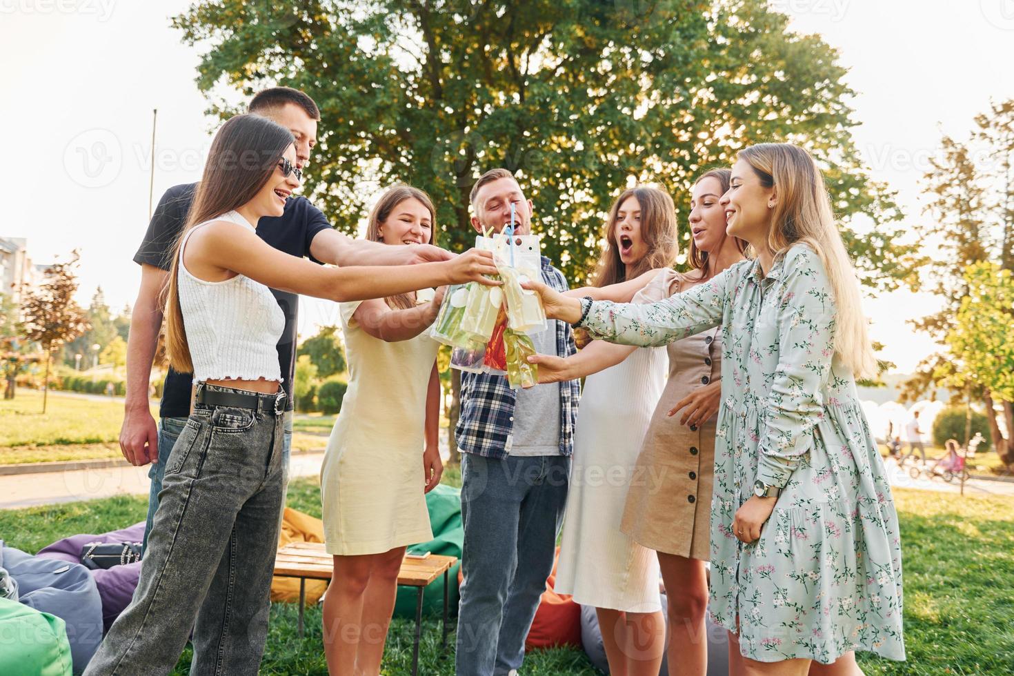 etwas trinken. Eine Gruppe junger Leute feiert tagsüber im Sommer eine Party im Park foto