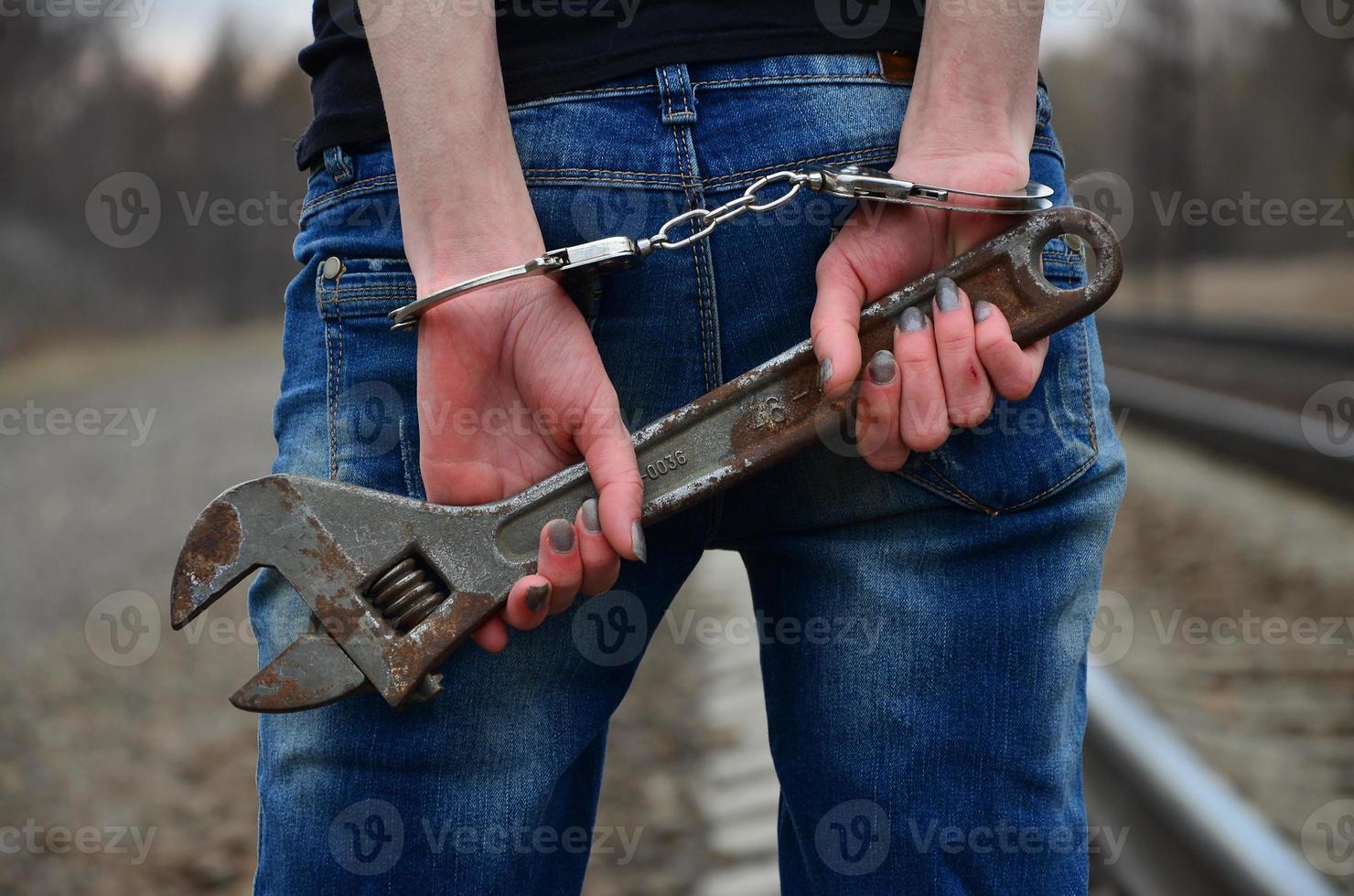 das Mädchen in Handschellen mit dem verstellbaren Schraubenschlüssel auf der Eisenbahn foto