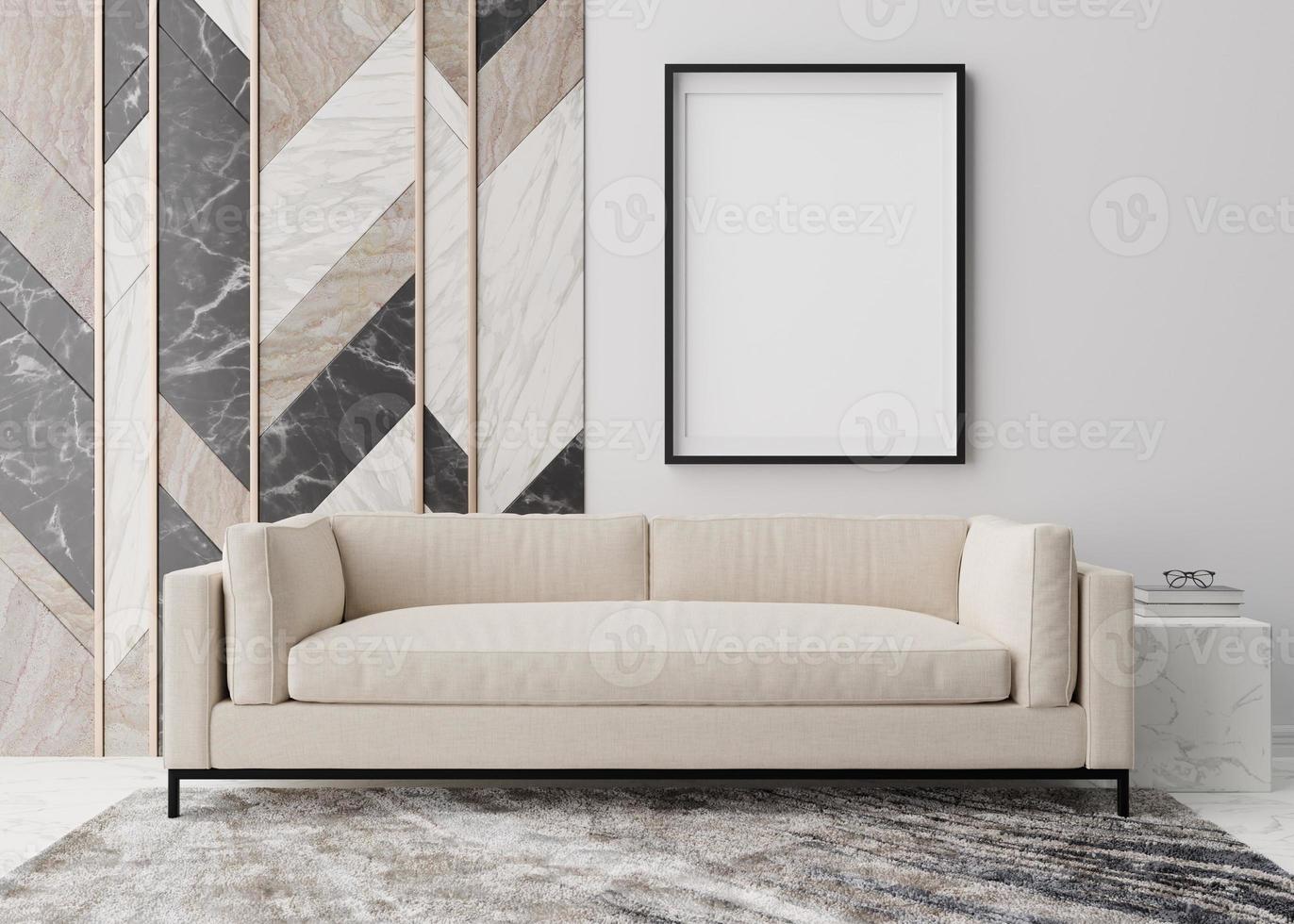 leerer vertikaler bilderrahmen auf weißer wand im modernen wohnzimmer. Mock-up-Interieur im minimalistischen, zeitgenössischen Stil. frei, kopieren Sie Platz für Ihr Bild. Sofa, Teppich. 3D-Rendering. foto