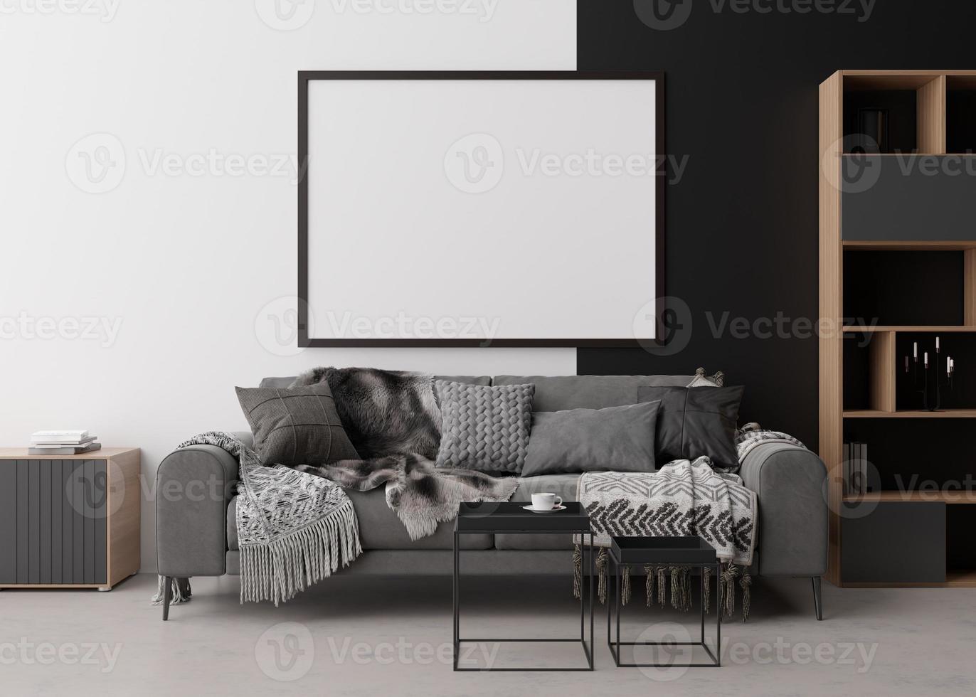 leerer bilderrahmen an der weißen und schwarzen wand im modernen wohnzimmer. Mock-up-Interieur im zeitgenössischen Stil. freier platz, kopieren sie platz für ihr bild, poster. Sofa Tisch. 3D-Rendering. foto