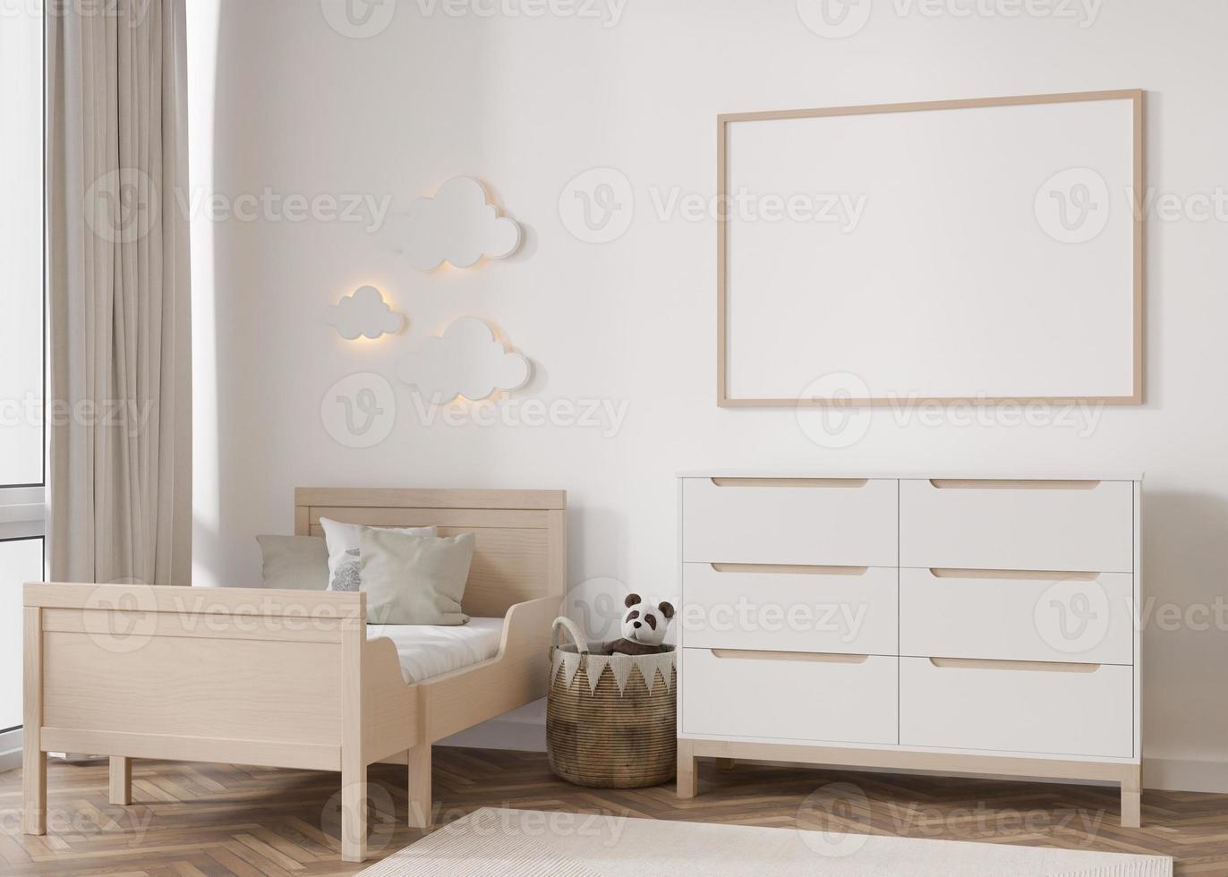 Leerer horizontaler Bilderrahmen an weißer Wand im modernen Kinderzimmer. mock-up innenraum im skandinavischen stil. kostenlos, Platz für Bild kopieren. Bett, Rattankorb, Spielzeug. gemütliches Zimmer für Kinder. 3D-Rendering. foto