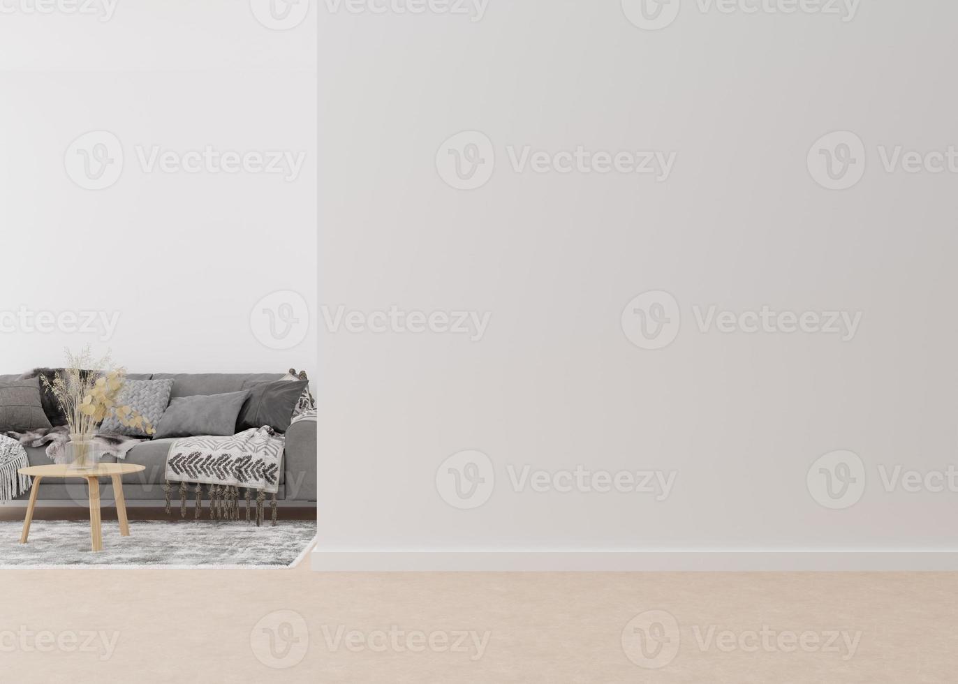 zimmer mit sofa, weißen wänden und leerem raum. Mock-up-Interieur. kostenloser Kopierplatz für Ihre Möbel, Bilder, Dekoration und andere Gegenstände. 3D-Rendering. foto