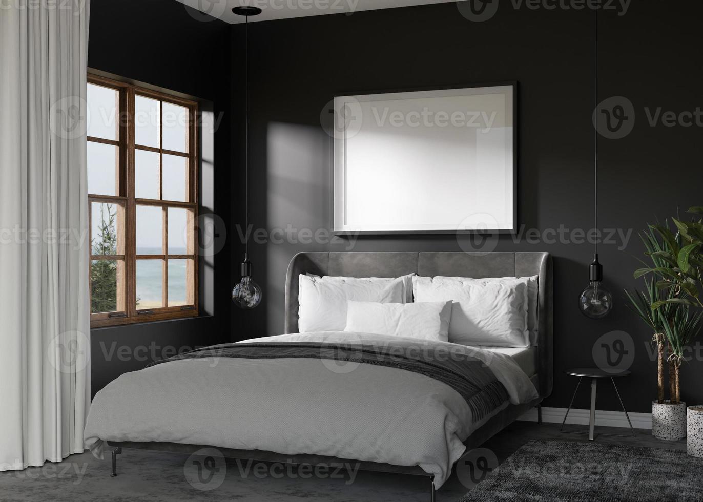 leerer bilderrahmen an der schwarzen wand im modernen schlafzimmer. Mock-up-Interieur im zeitgenössischen Stil. kostenlos, kopieren Sie Platz für Ihr Bild, Poster. Bett, Pflanzen. 3D-Rendering. foto