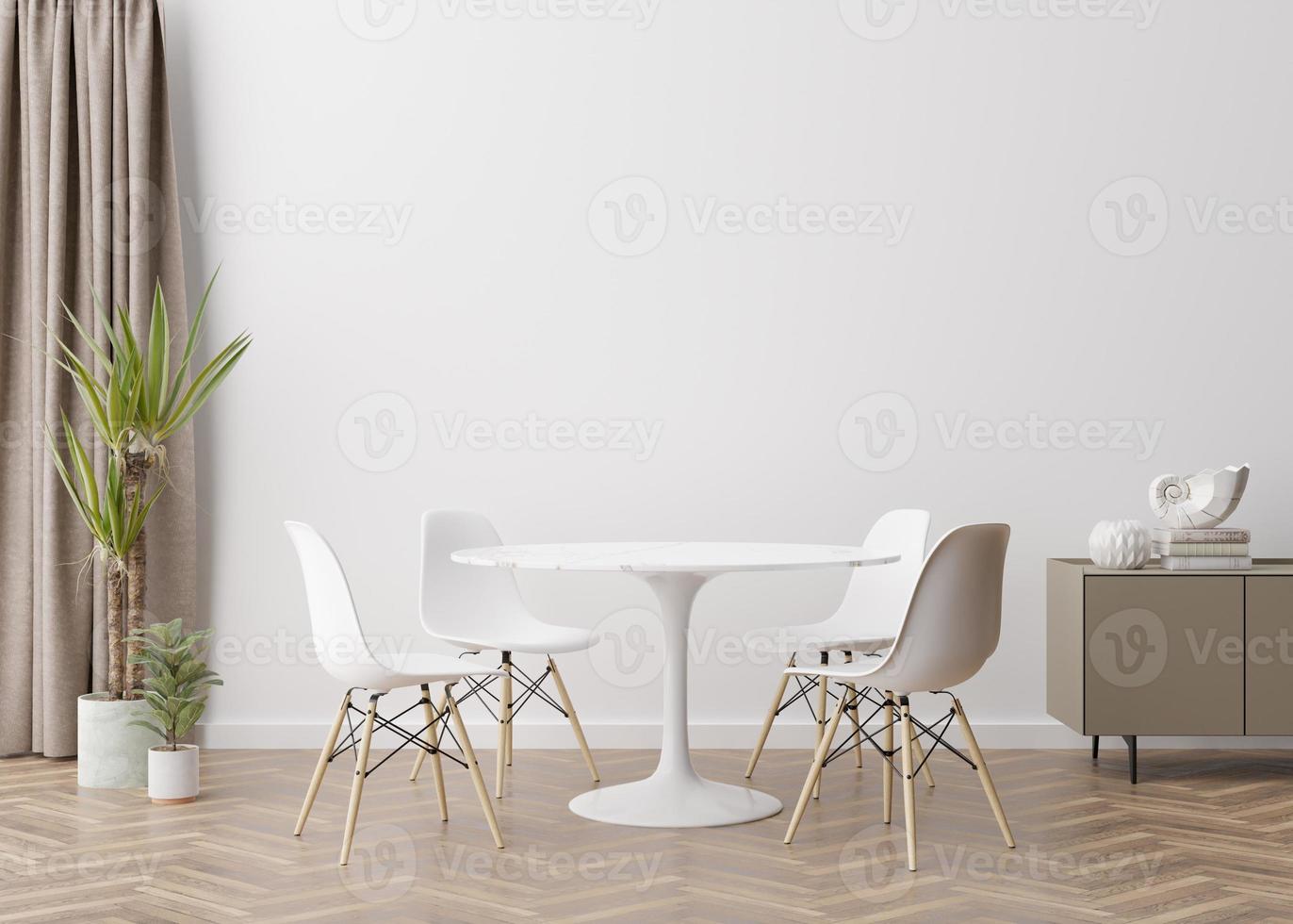 leere weiße wand im modernen wohnzimmer. Mock-up-Interieur im zeitgenössischen, skandinavischen Stil. kostenlos, kopieren Sie Platz für Bild, Poster, Text oder ein anderes Design. Konsole, Tisch, Pflanze. 3D-Rendering. foto