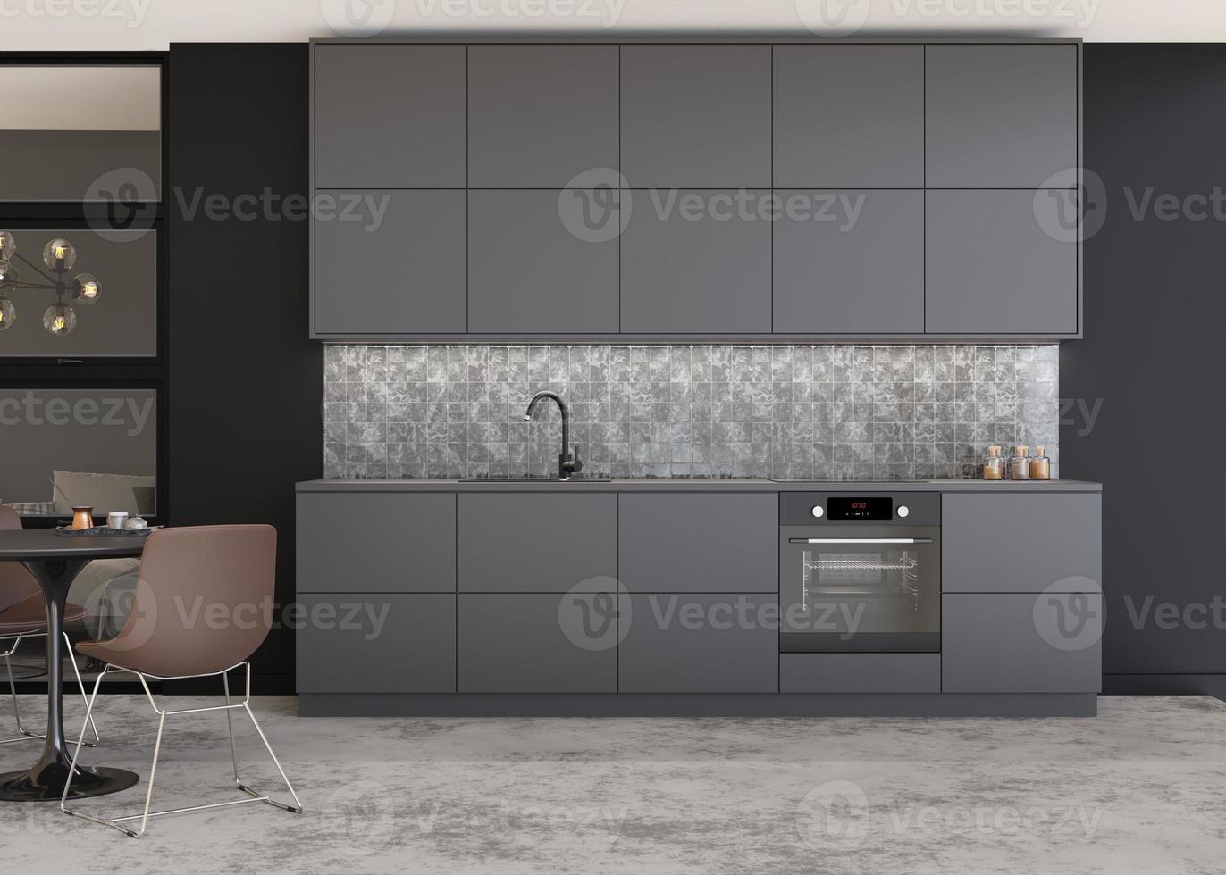 schöne und moderne Küche. graue Küchenmöbel. Wohneinrichtung im zeitgenössischen Loft-Stil. Esstisch mit Stühlen, schwarze Wand. 3D-Rendering. foto