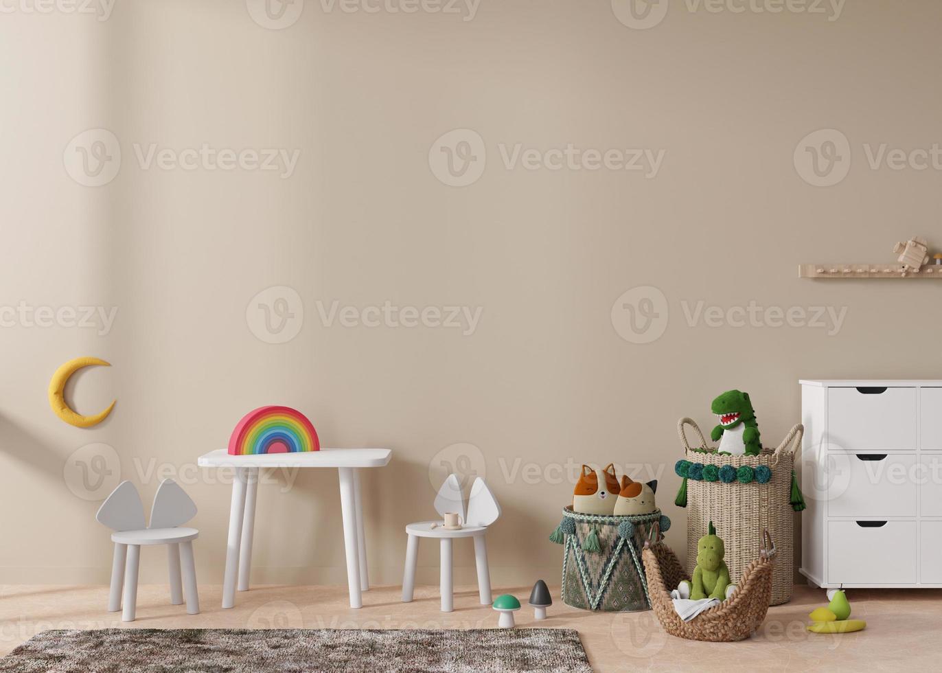 leere hellbraune wand im modernen kinderzimmer. mock-up innenraum im skandinavischen stil. Kopieren Sie Platz für Ihr Bild oder Poster. Tisch mit Stühlen, Rattankorb, Spielzeug. gemütliches Zimmer für Kinder. 3D-Rendering. foto