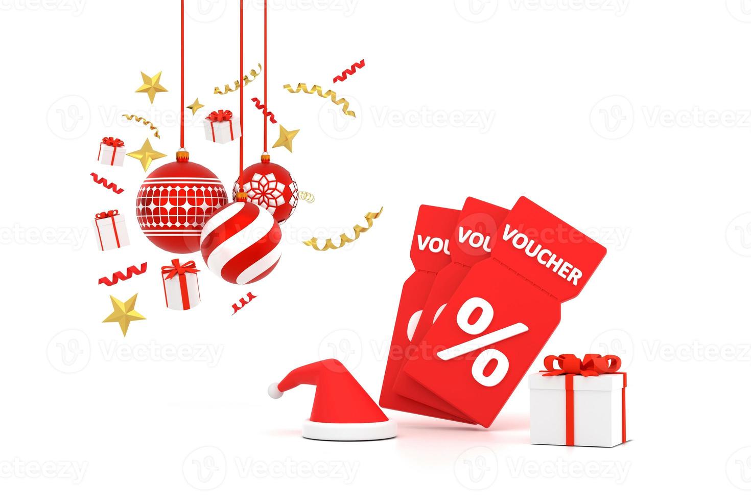 Neujahrsgutschein mit Prozent. mit weihnachtskugel, geschenkbox und band foto
