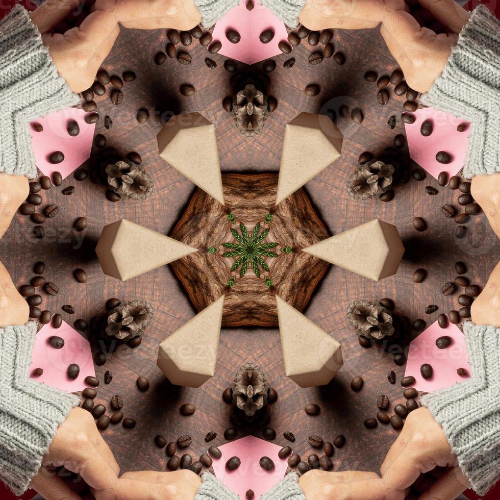 abstrakter kaleidoskophintergrund mit quadratischen abmessungen. schöne mehrfarbige Kaleidoskop-Textur. mit einer braunen Grundfarbe mit etwas mehr Pink, Grün und Rot foto