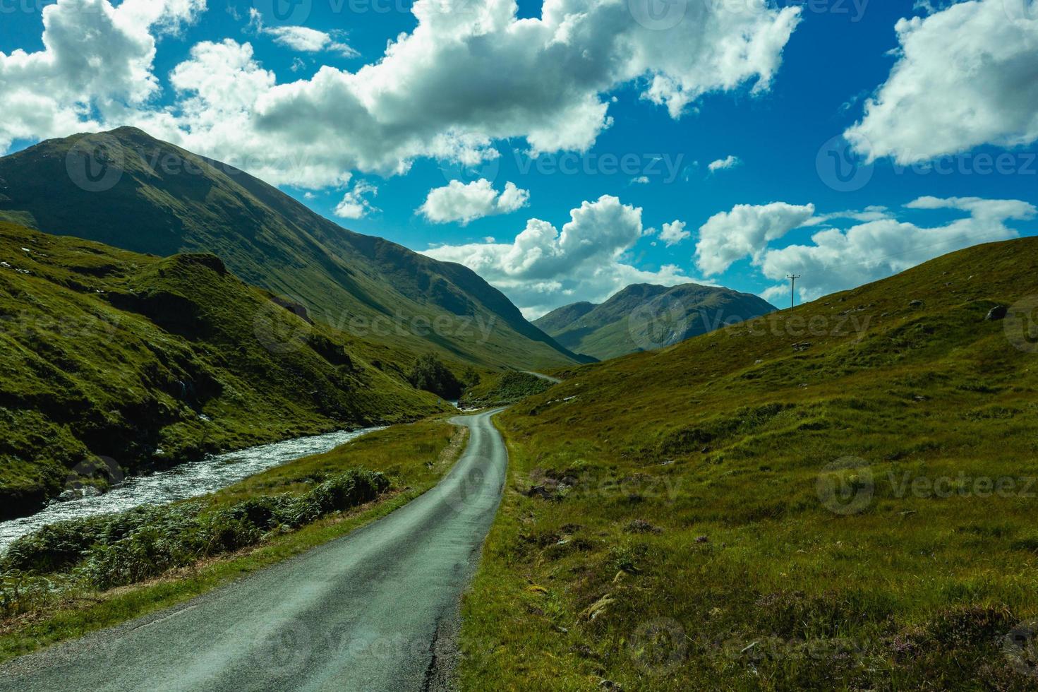 ein luftpanorama der straße entlang des flusses etive in der nähe von glencoe, schottland foto