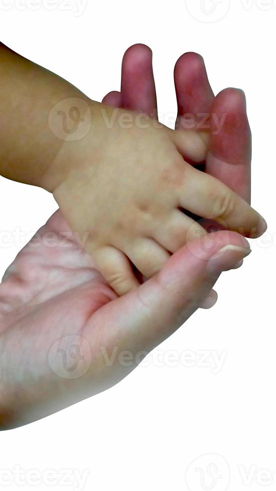 asiatische baby- und mutterhand, die lokalisiertes weiß zusammenhält. foto