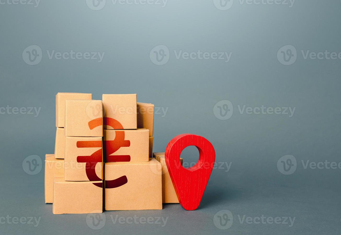 Boxen mit ukrainischem Griwna-Symbol und rotem Standortstift. heimischer Hersteller. Lieferung von Waren. transport liefern logistik, management. Handel mit Waren. Import Export. foto