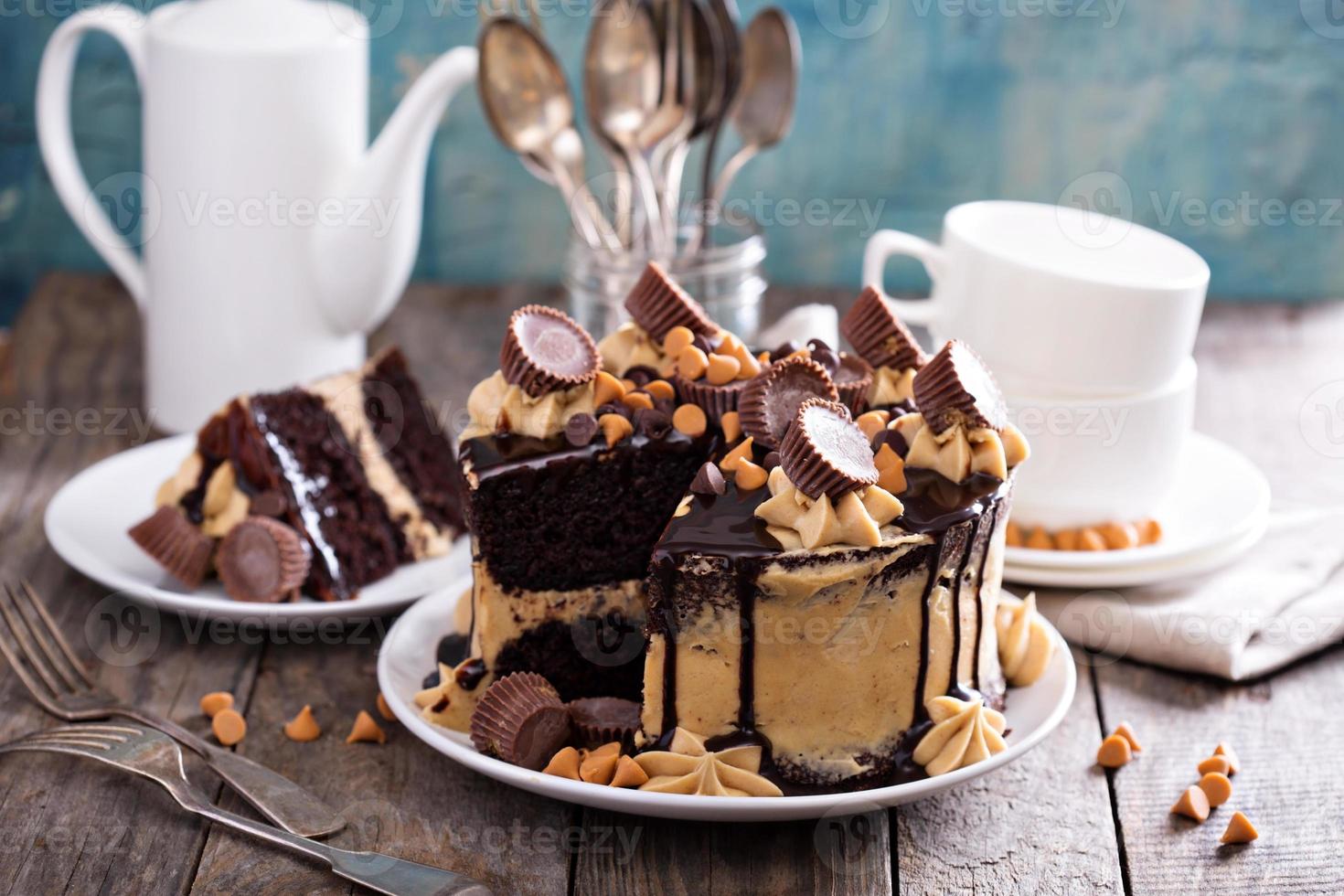 Schokoladen-Erdnussbutterkuchen mit Zuckerguss foto