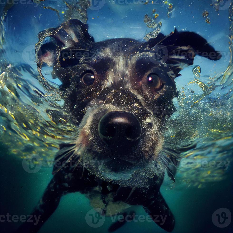 Nahaufnahme Weitwinkel-Unterwasserfoto-Ergebnis eines kleinen Schwarzhundes unter Wasser foto