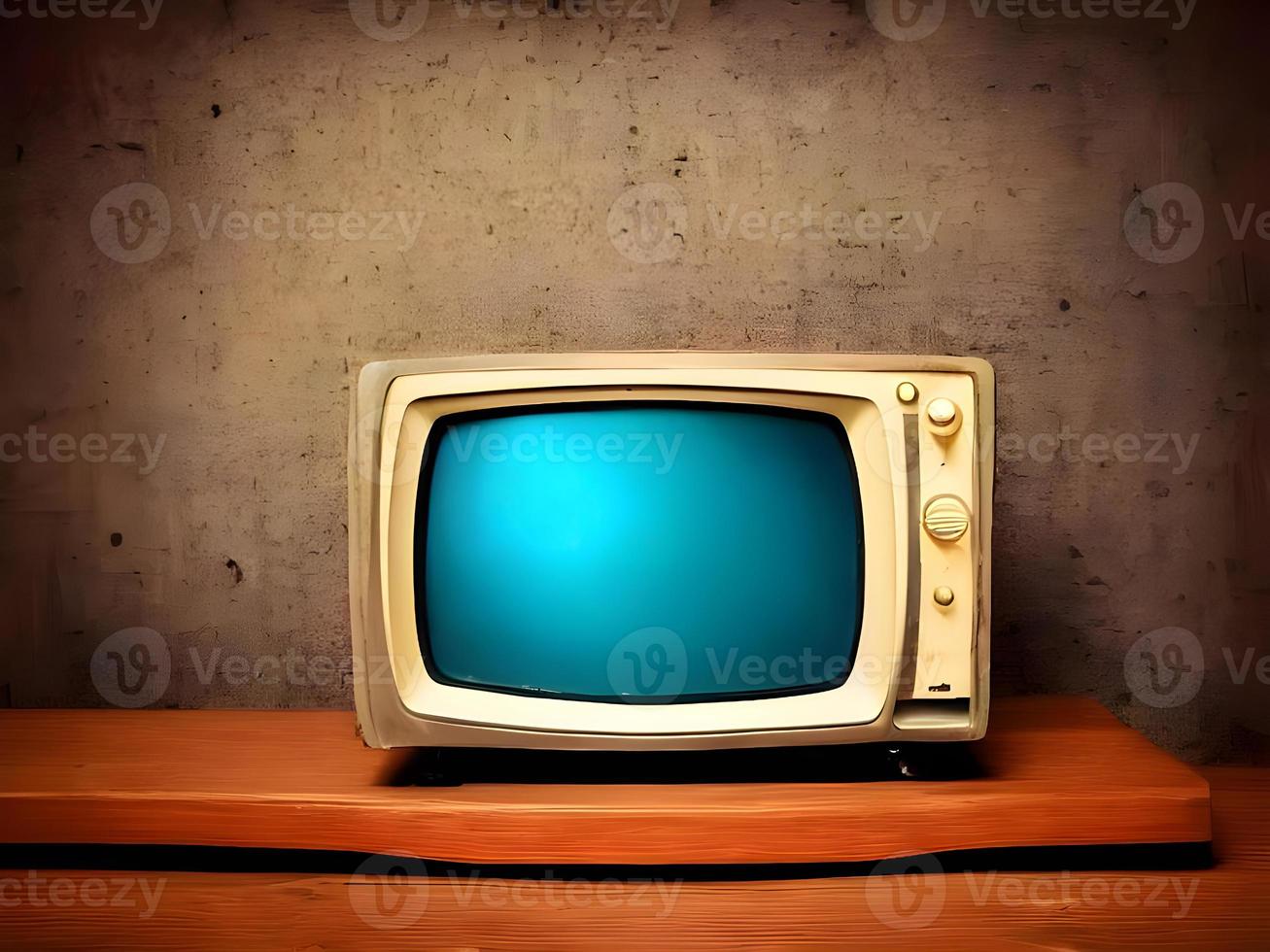 Alter Fernseher, der auf einem Holztisch sitzt. generative KI. foto