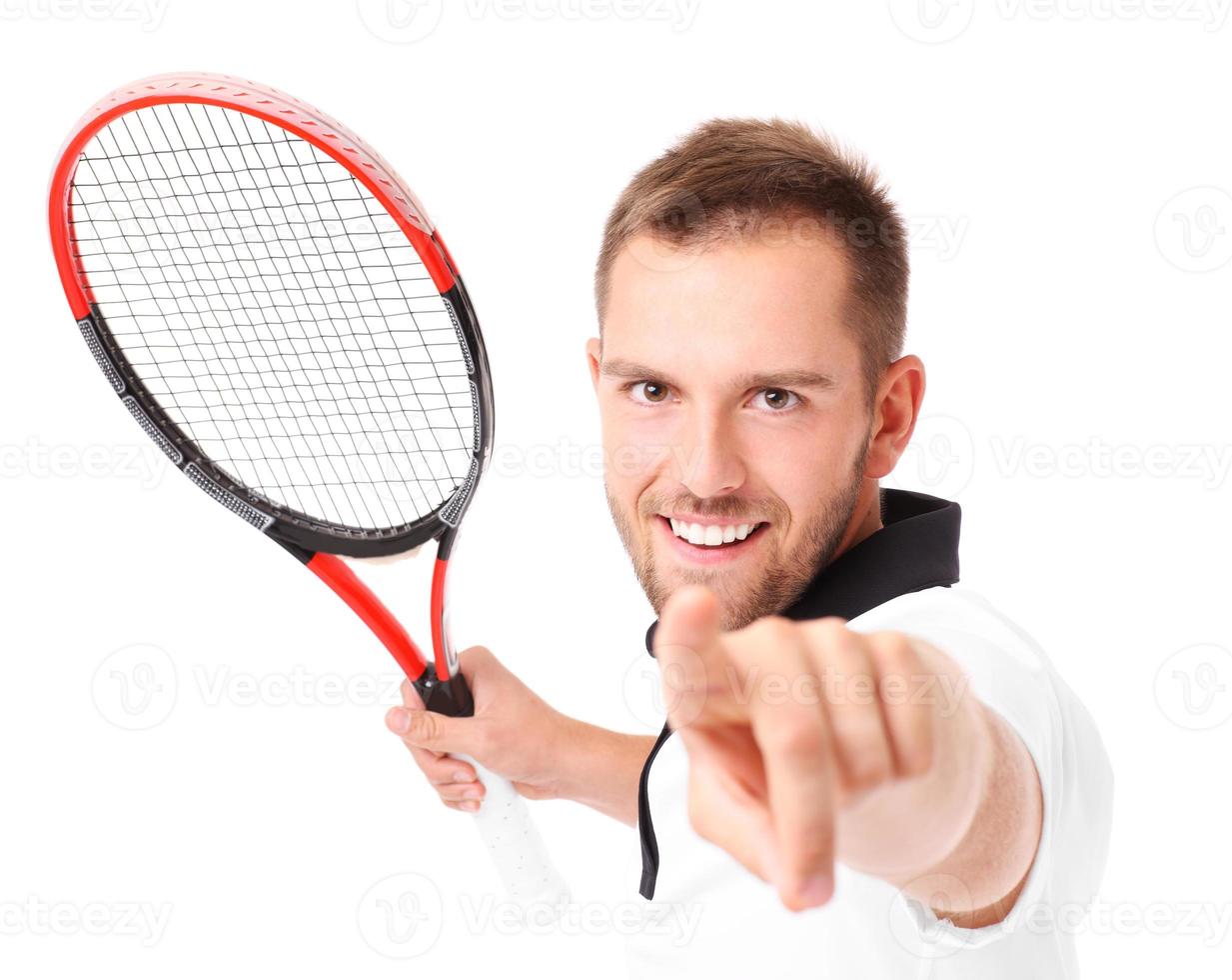 tennisspieler, der auf die kamera zeigt foto