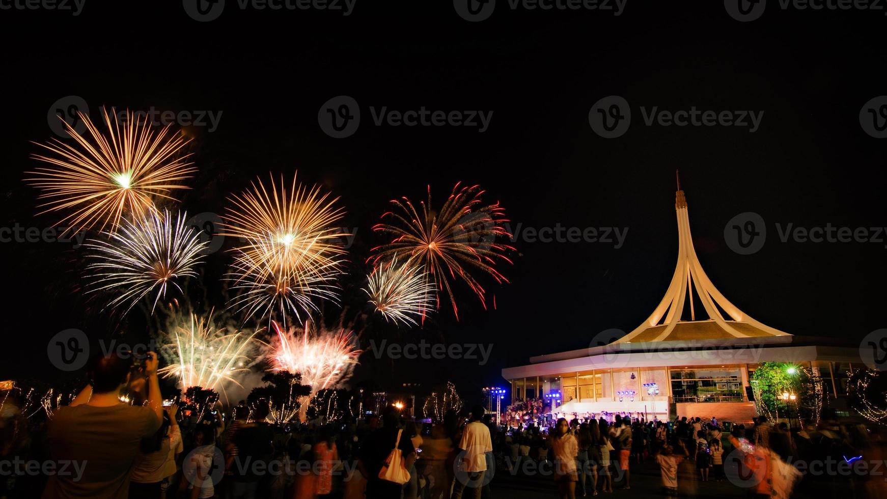 schönes Feuerwerk im Park und Leute, die sich das Feuerwerk ansehen foto