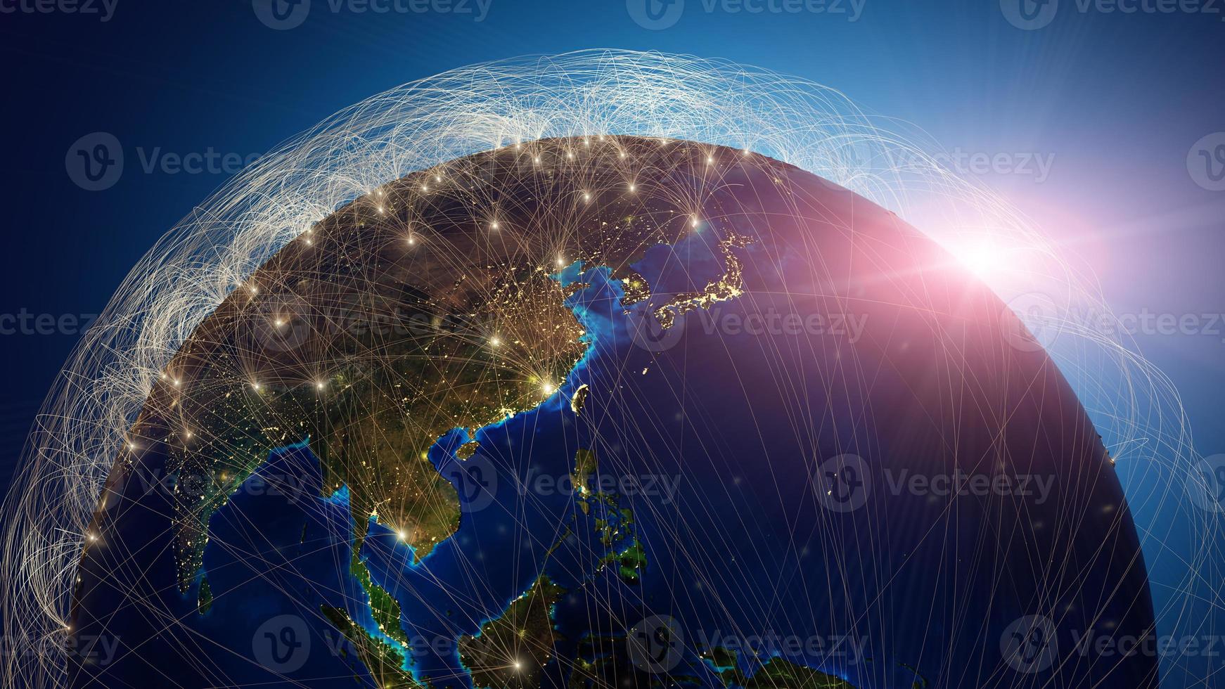 globalisierungs- und kommunikationskonzept. Erde und leuchtende Strahlen. 3D-Rendering foto