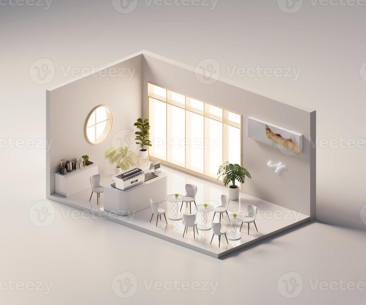 isometrische ansicht minimaler caféladen offen innerhalb der innenarchitektur, 3d-rendering digitaler kunst. foto