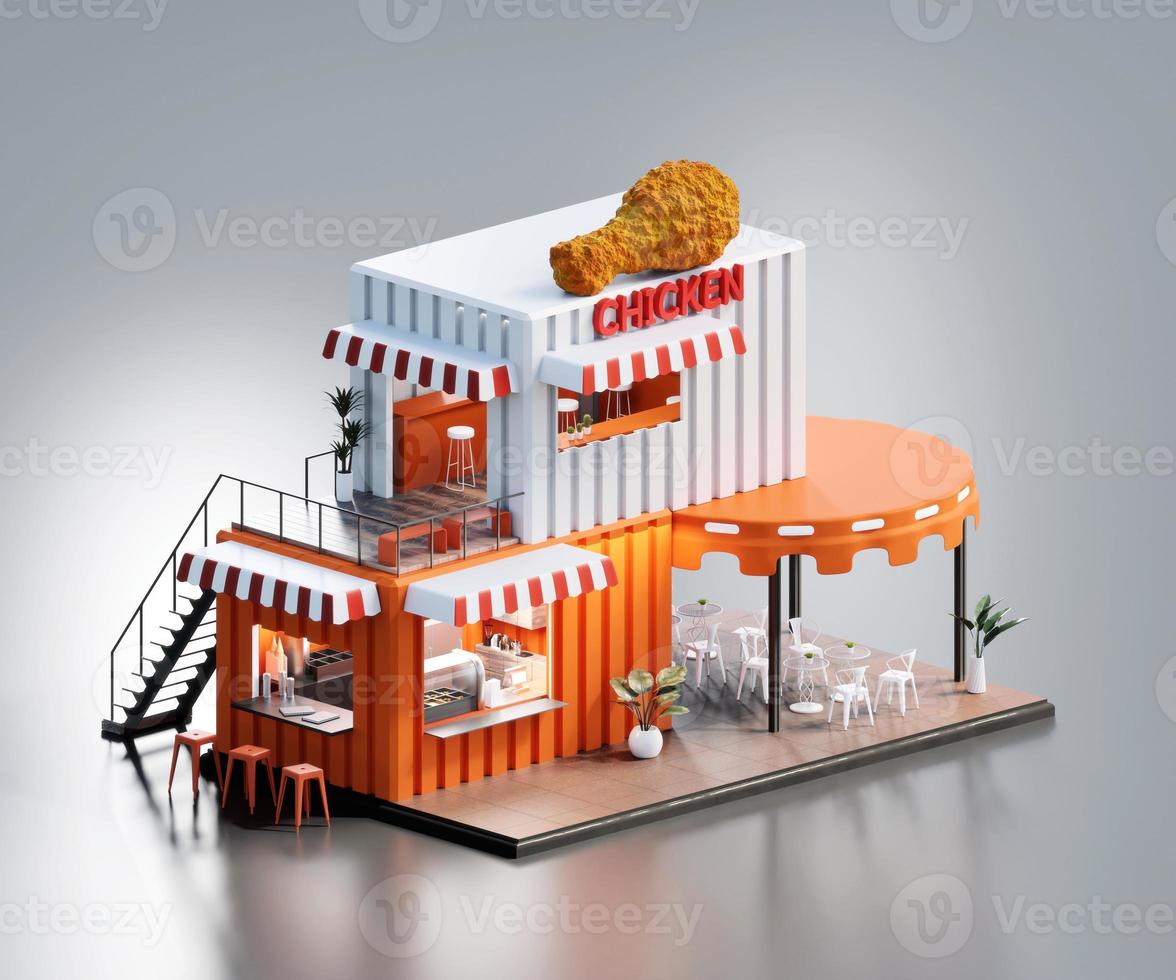 isometrische ansicht minimale fried chicken restaurant container store außenarchitektur, 3d-rendering digitale kunst. foto