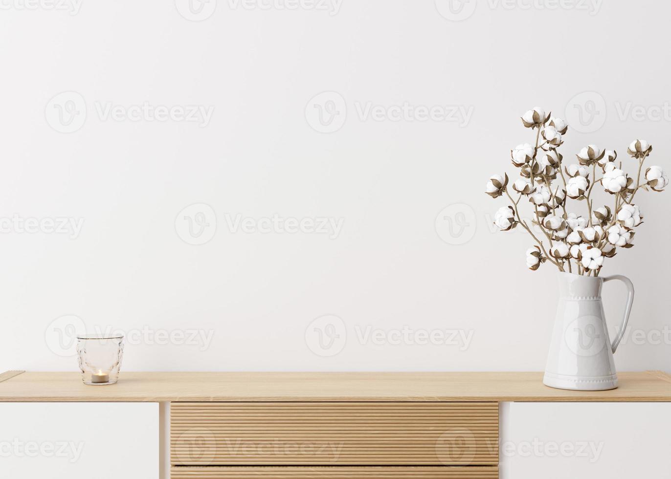 leere weiße Wand. Mock-up-Interieur im zeitgenössischen Stil. Nahaufnahme. freier Speicherplatz, kopieren Sie Platz für Ihr Bild, Text oder ein anderes Design. Sideboard, Baumwollpflanze. 3D-Rendering. foto