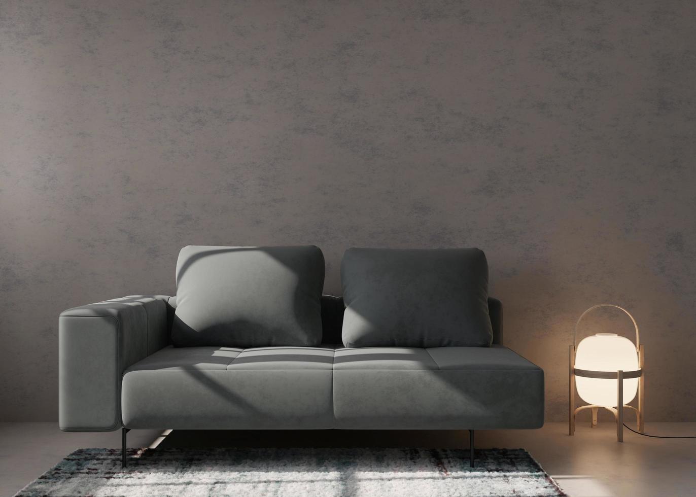 leere betonwand im modernen wohnzimmer. Mock-up-Interieur im minimalistischen, zeitgenössischen Stil. freier Speicherplatz, kopieren Sie Platz für Ihr Bild, Text oder ein anderes Design. graues Sofa, Lampe, Teppich. 3D-Rendering. foto