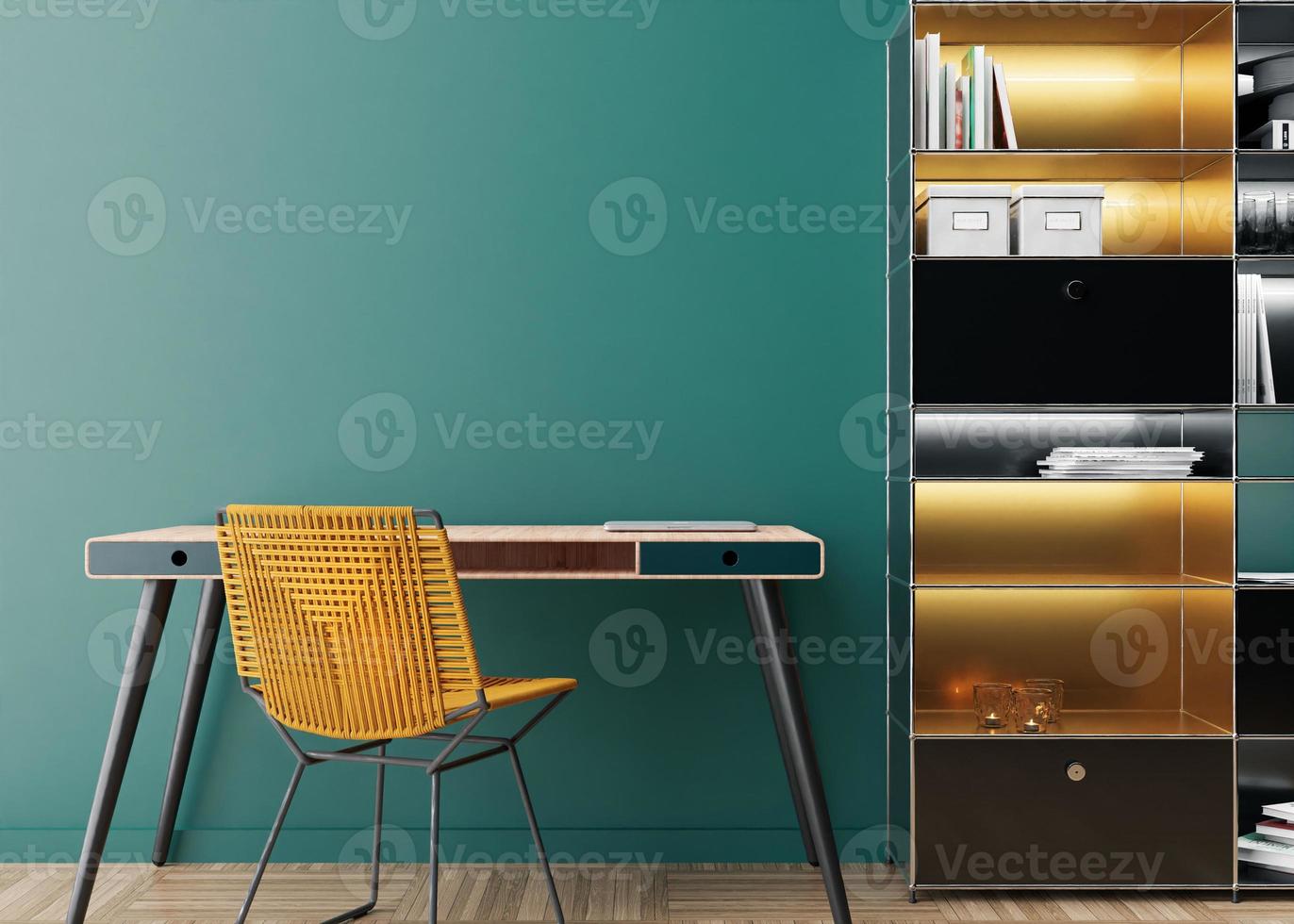 leere blaue Wand im modernen Heimbüro. Mock-up-Interieur im zeitgenössischen Stil. freier Speicherplatz, kopieren Sie Platz für Ihr Bild, Text oder ein anderes Design. Holzschreibtisch, gelber Stuhl, Regale. 3D-Rendering. foto