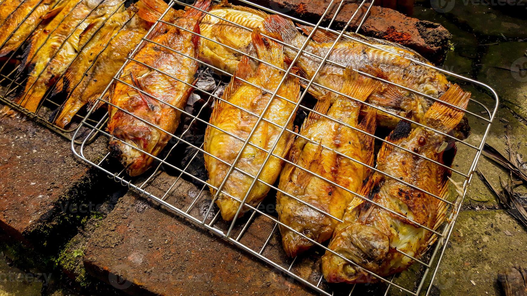 gegrillter fisch, gegrillter fisch nil tilapia gegrillt auf heißer holzkohle foto