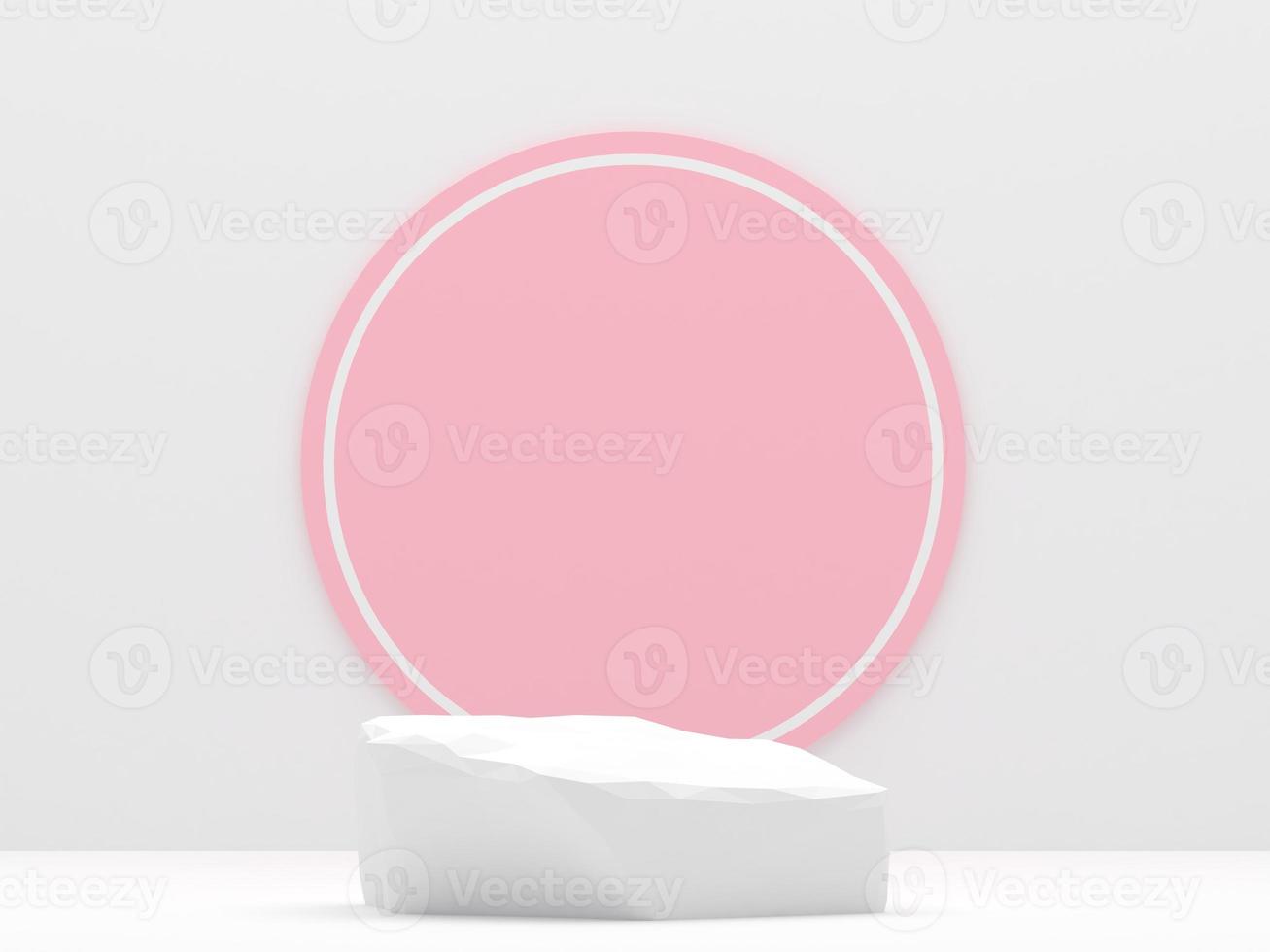 Podiumsprodukte aus weißem Stein zeigen minimales Mockup 3D-Rendering. frontansicht weißer raum rosa kreis hintergrund podium form natur. Standshow Kosmetikprodukt. Bühnenvitrine auf Podest. foto